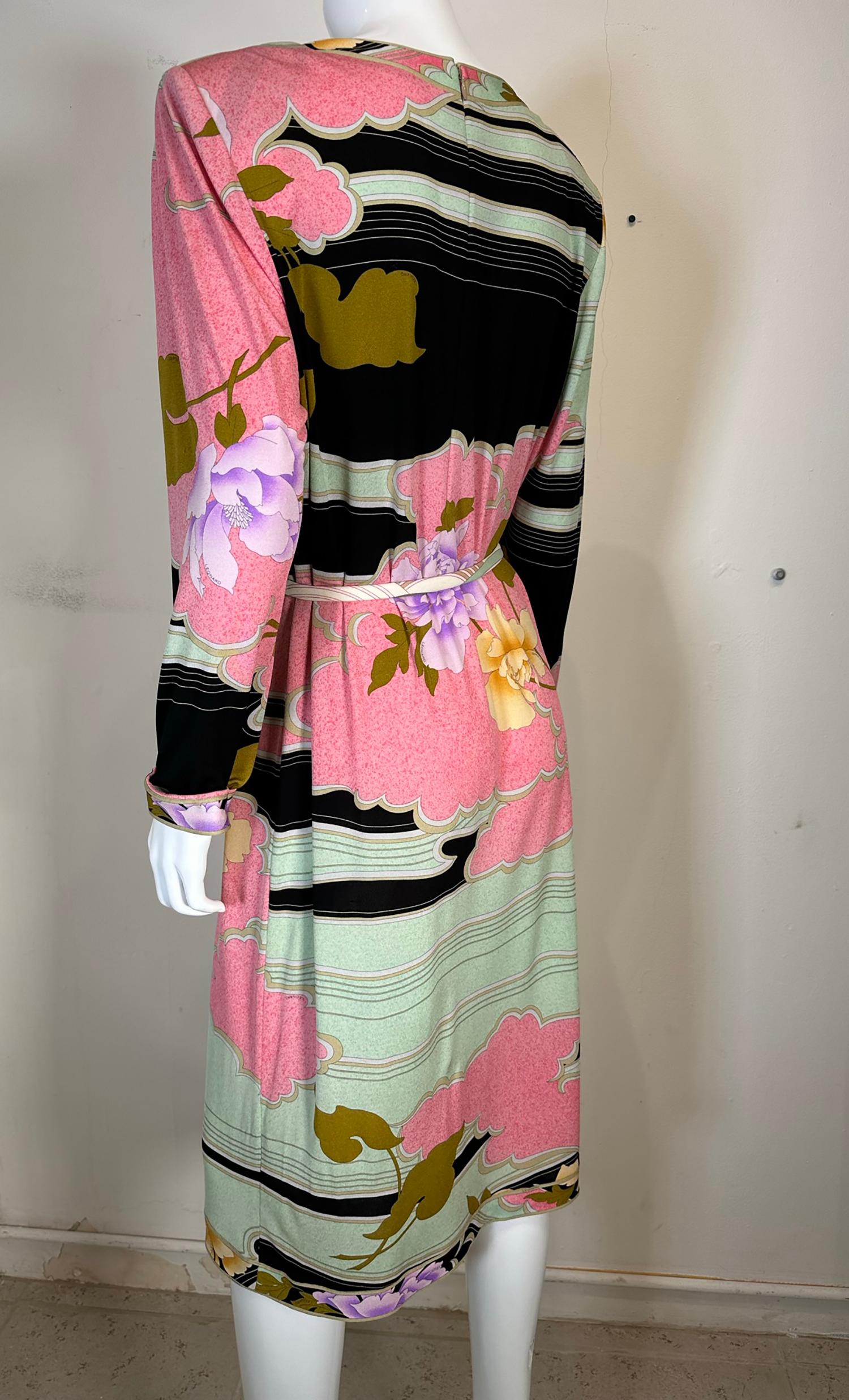 Leonard Paris Silk Jersey Floral Print Shift Dress With Belt 48 For Sale 2