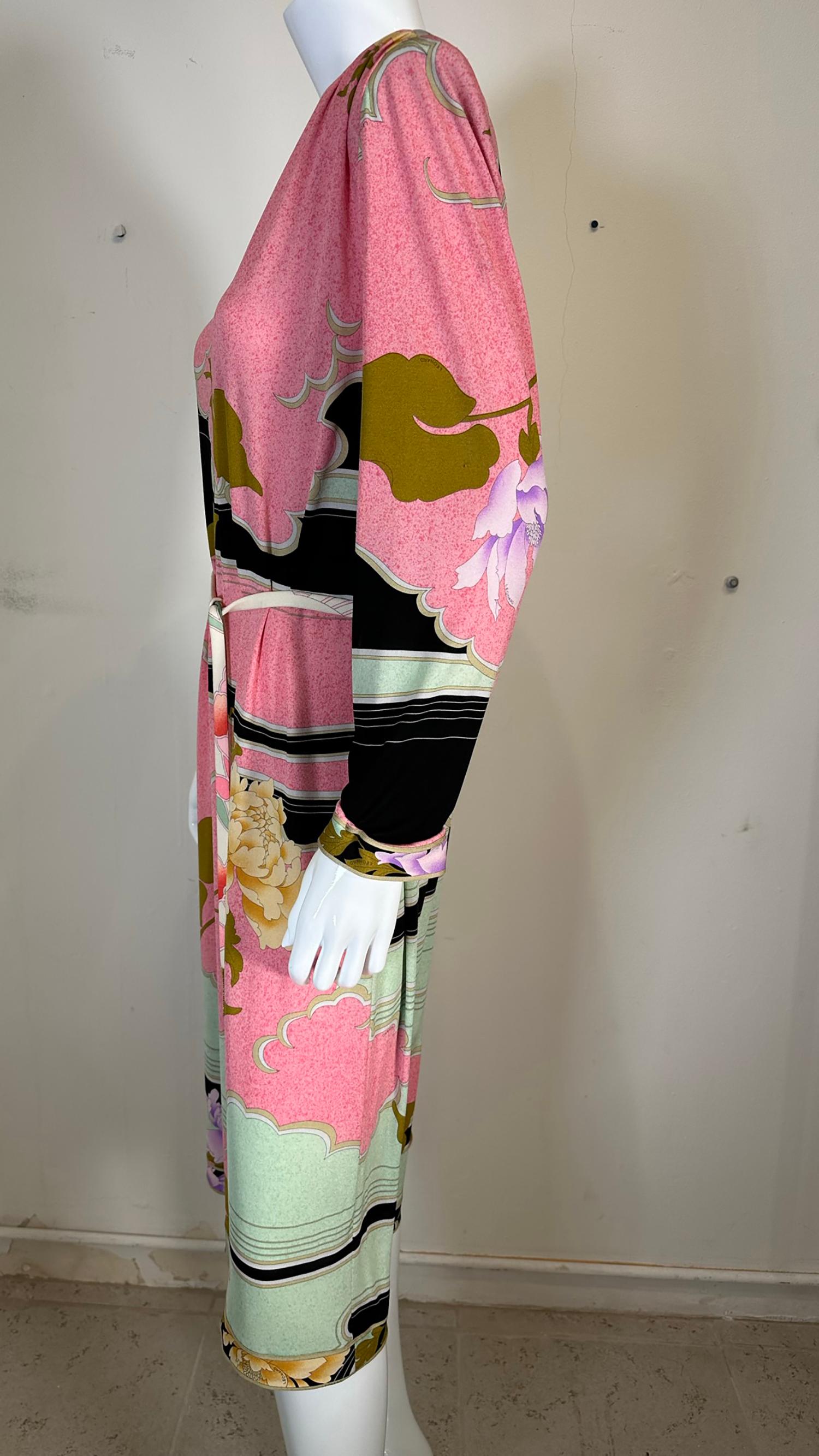 Leonard Paris Silk Jersey Floral Print Shift Dress With Belt 48 For Sale 3
