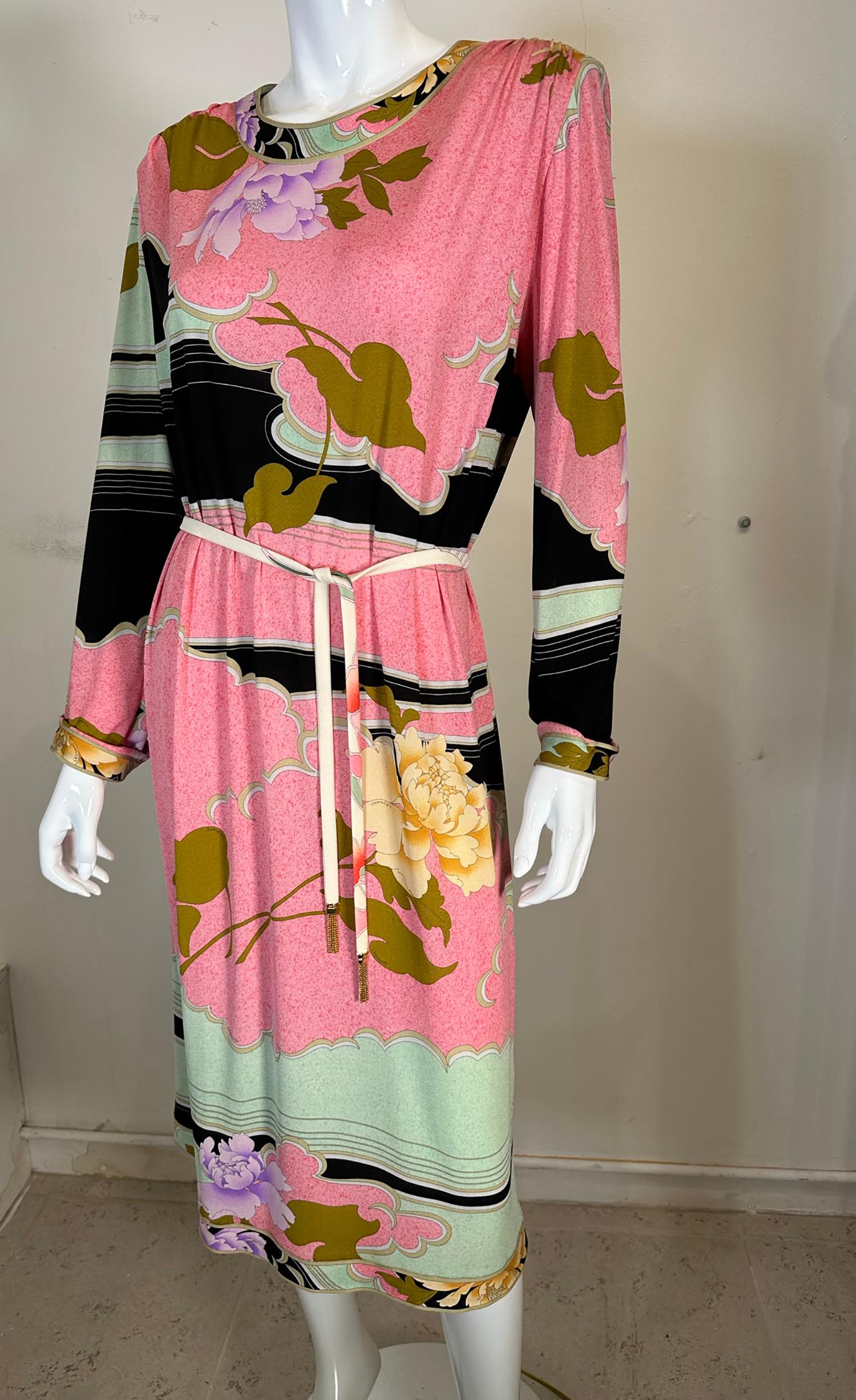 Leonard Paris Silk Jersey Floral Print Shift Dress With Belt 48 For Sale 4