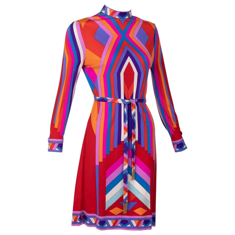 Leonard Paris Silk Jersey Graphic Printed Dress with belt, 1970s at ...