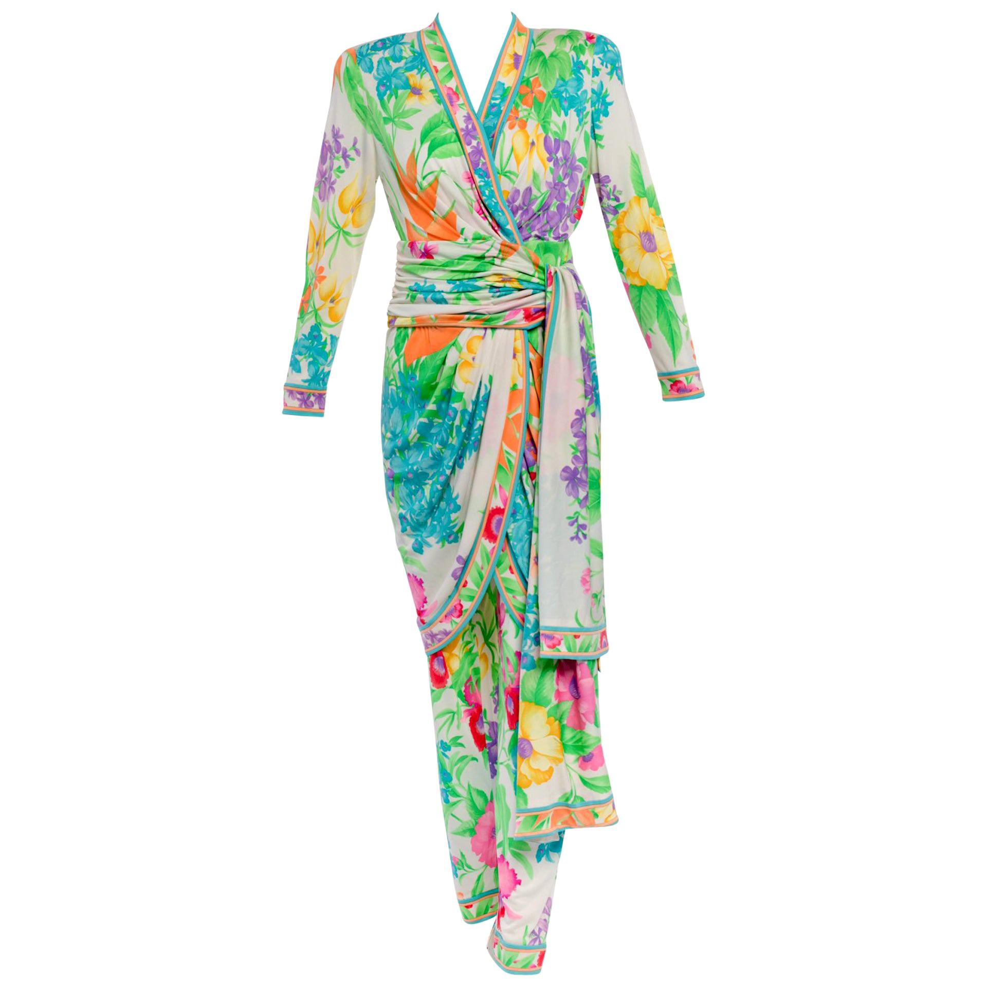 Leonard Paris Silk Jersey Mikado Floral Dress And Pants Set, Vintage 