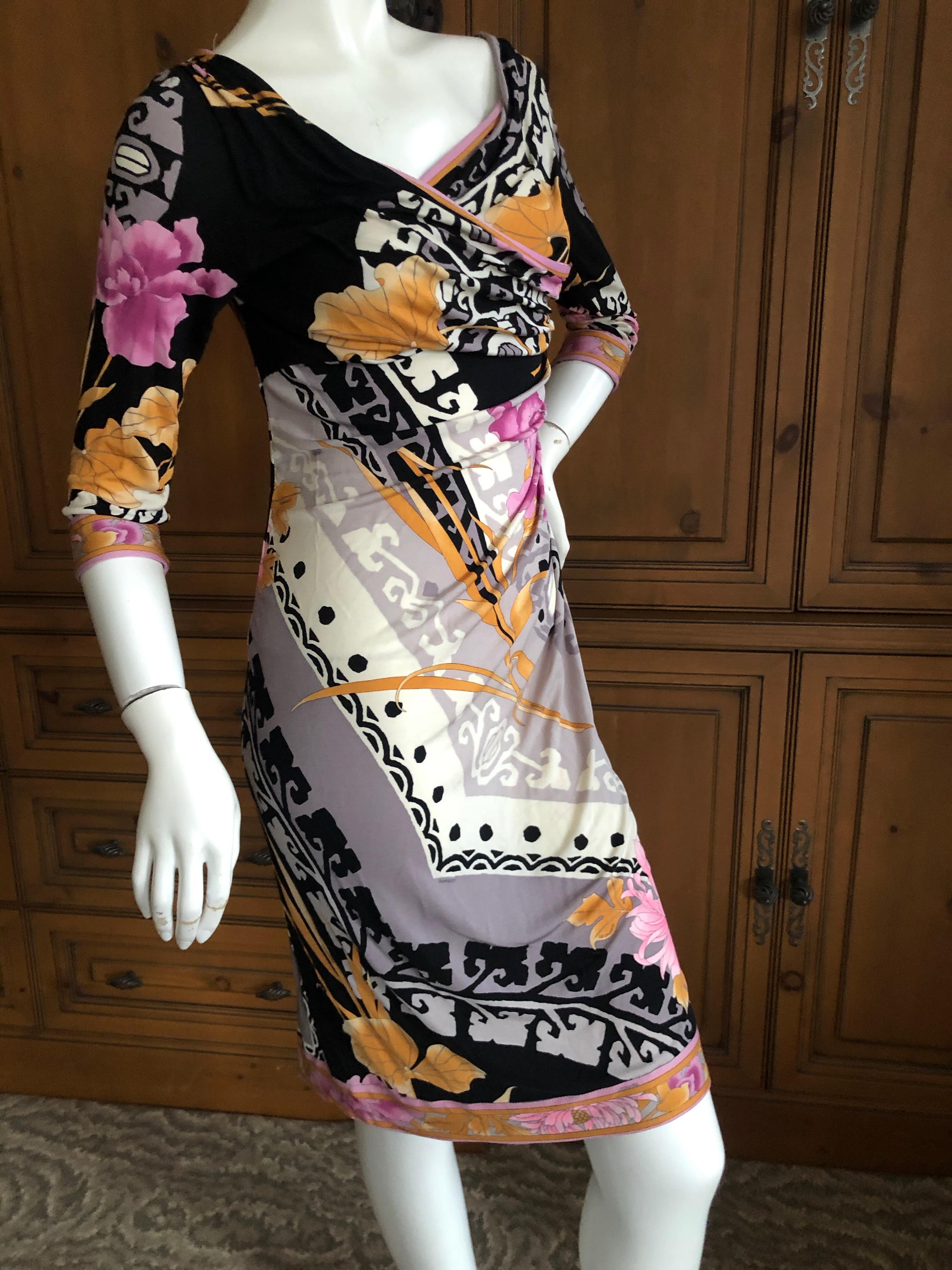Leonard Paris Silk Jersey Vintage Floral & Aztec Pattern Shirred Cocktail Dress For Sale 1
