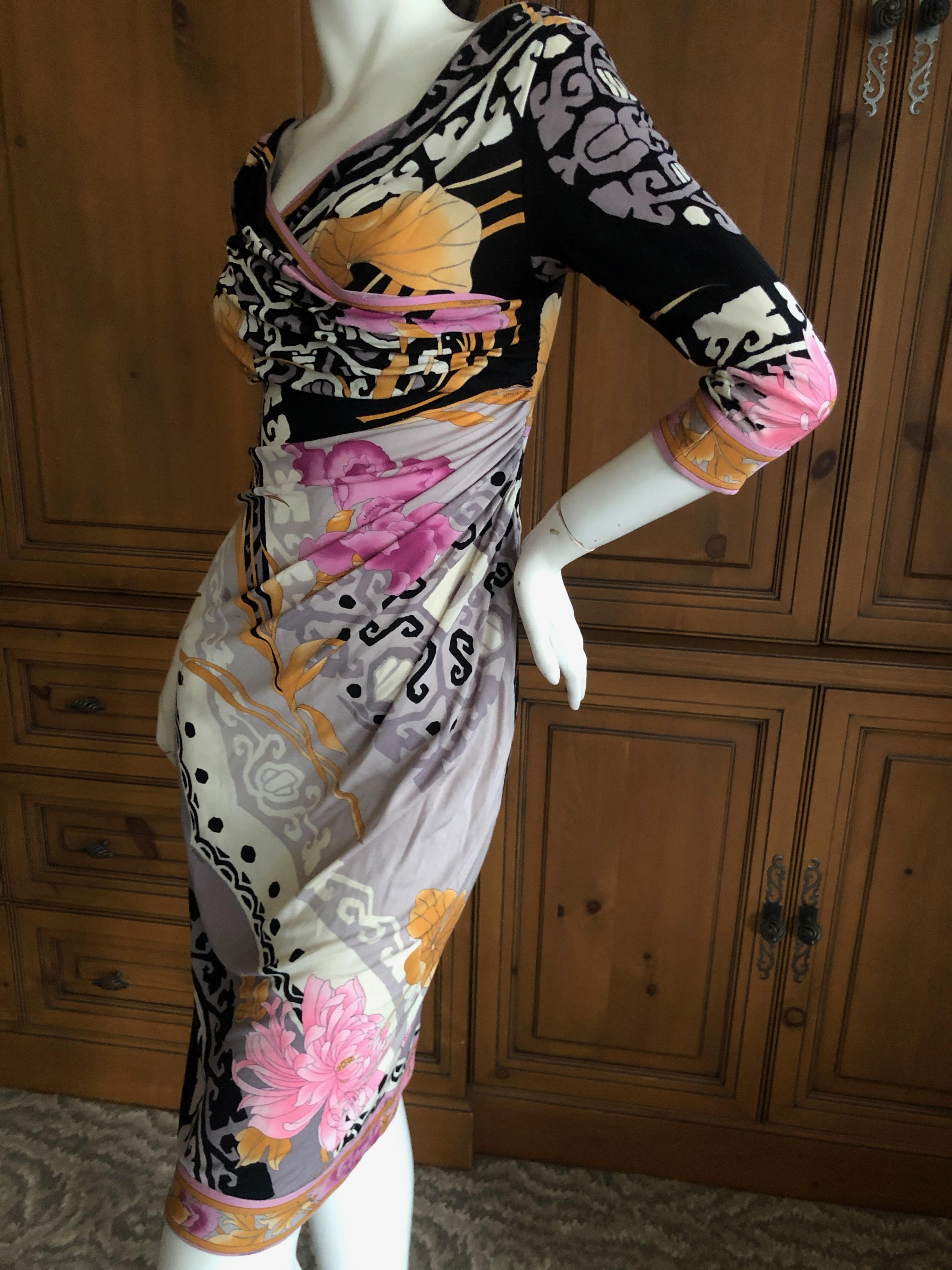 Leonard Paris Silk Jersey Vintage Floral & Aztec Pattern Shirred Cocktail Dress For Sale 3