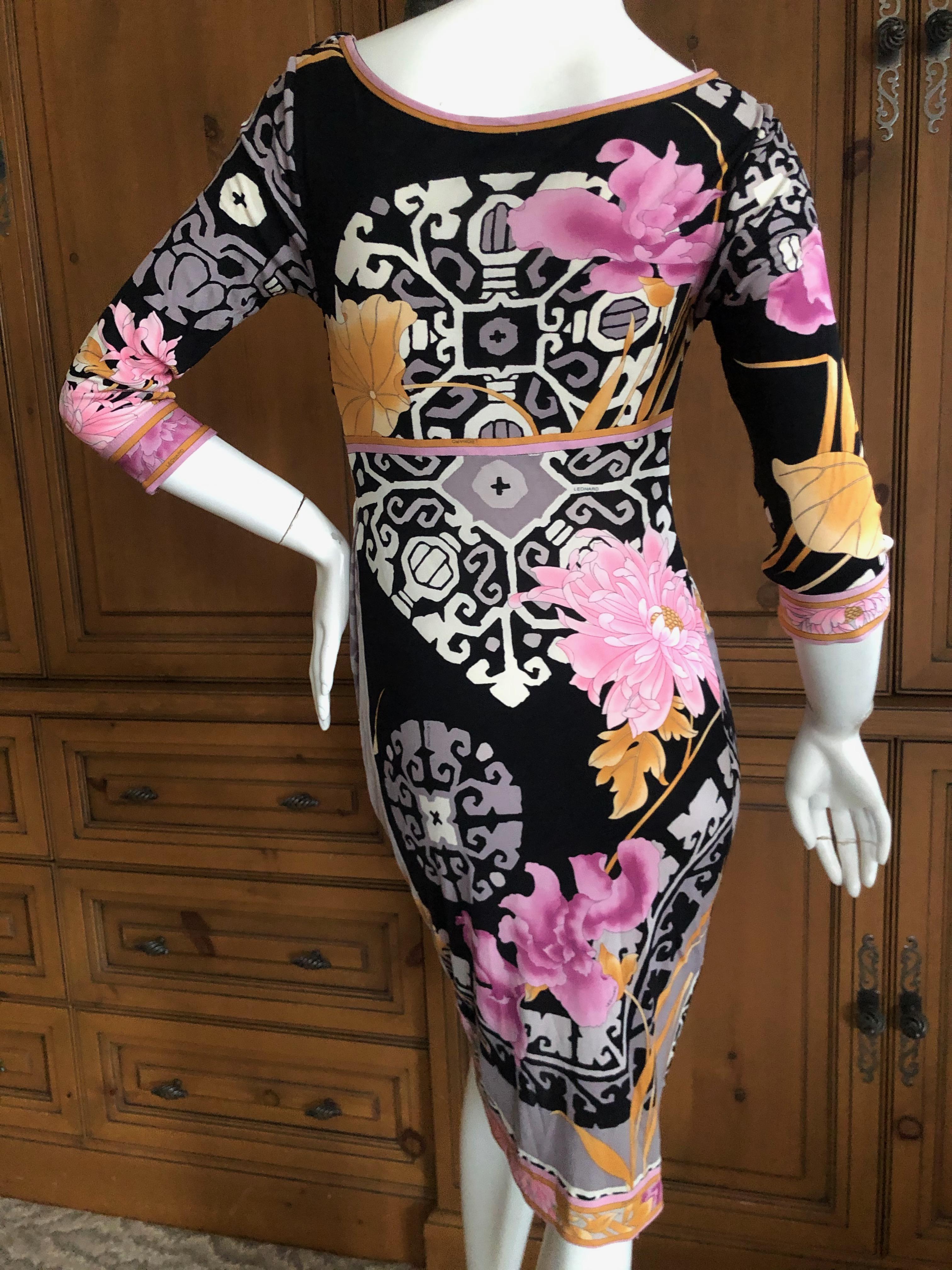 Leonard Paris Silk Jersey Vintage Floral & Aztec Pattern Shirred Cocktail Dress For Sale 4