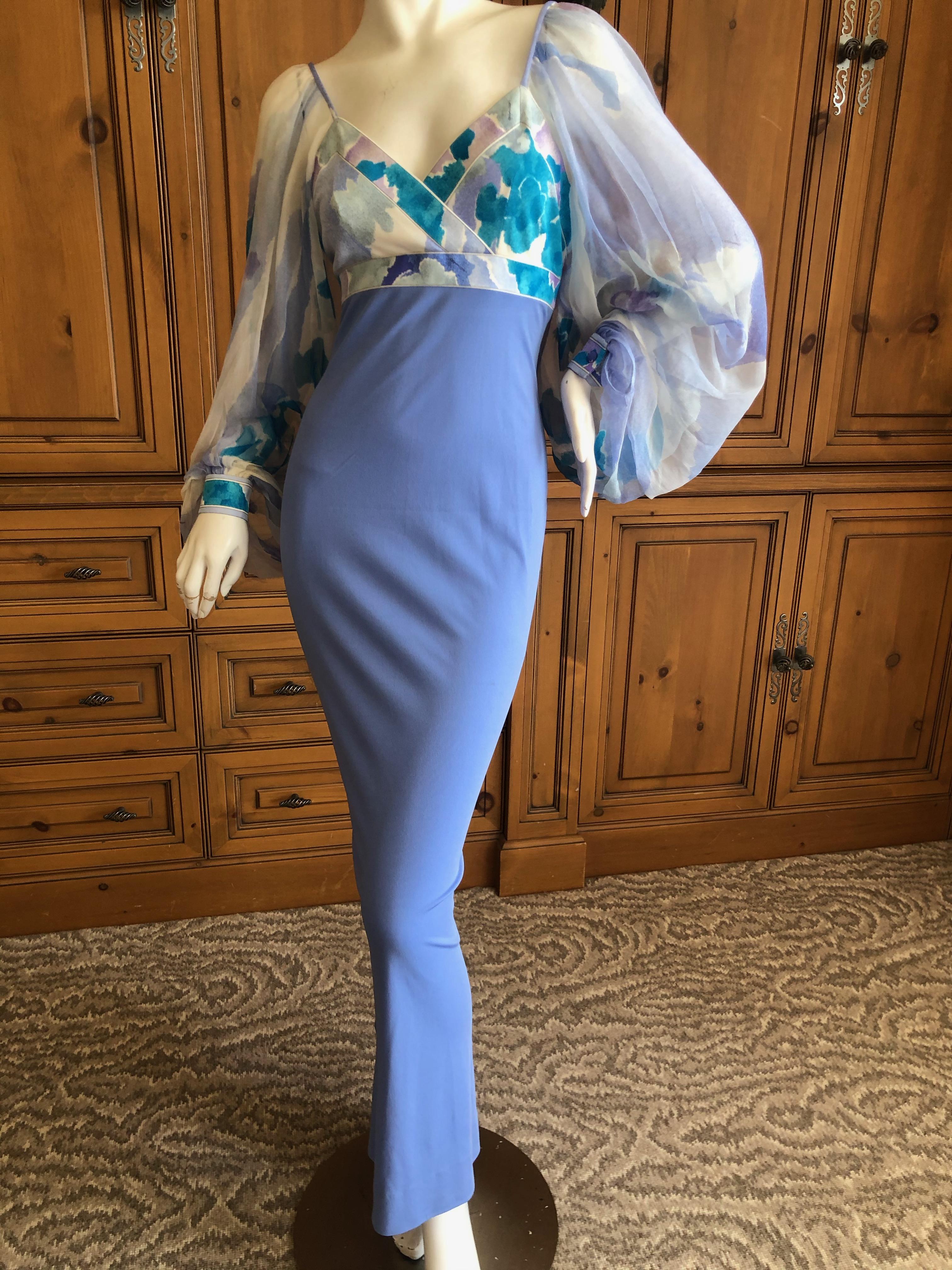 Leonard Paris Silk Jersey Vintage Long Evening Dress with Sheer Poet Sleeve .
So pretty, please use the zoom lens to see details.
Leonard Paris was a contemporary of Pucci, both houses creating brilliant 60's patterns on silk jersey.
 Both were very