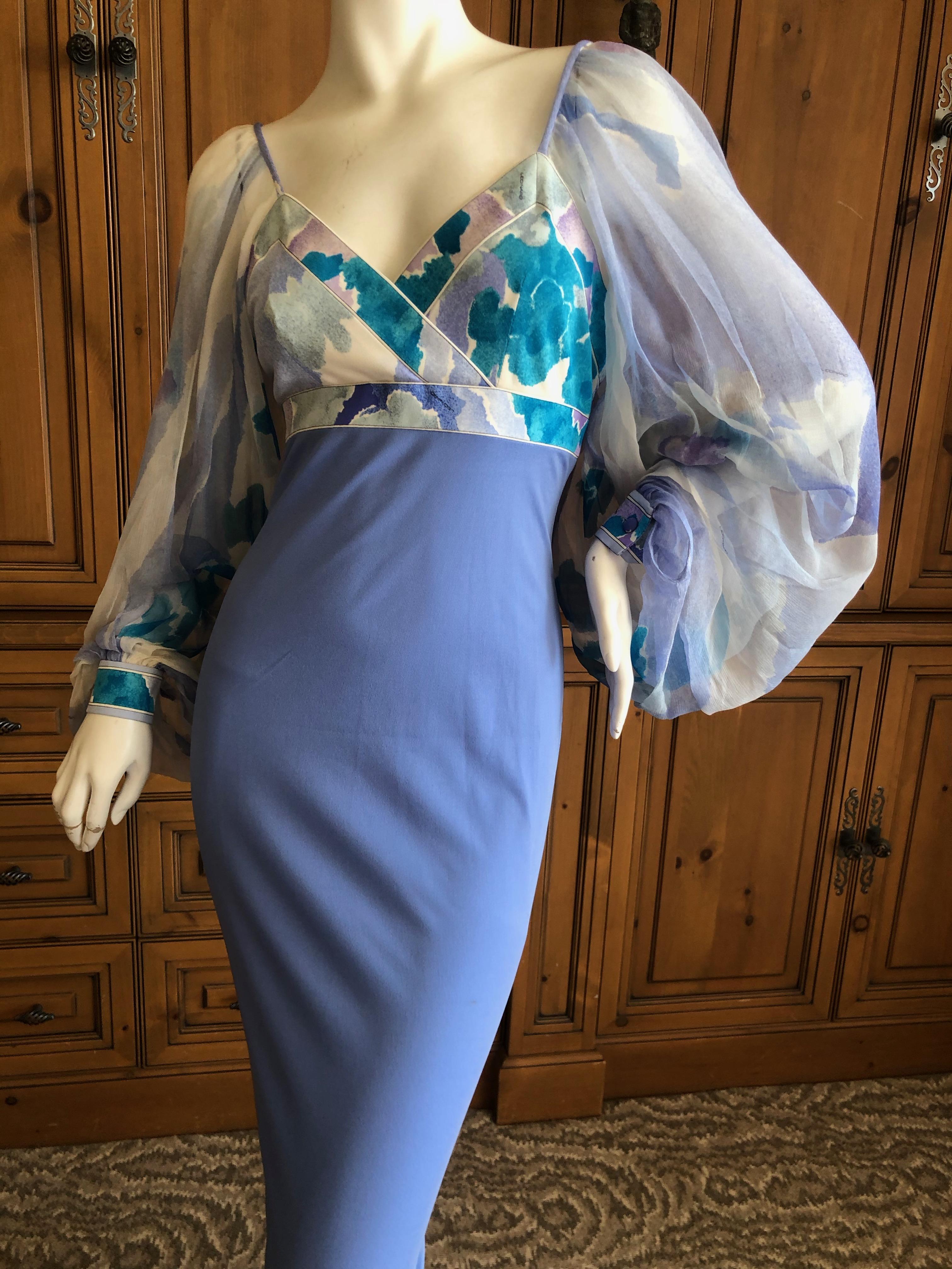 Purple Leonard Paris Silk Jersey Vintage Long Evening Dress with Sheer Poet Sleeve  For Sale