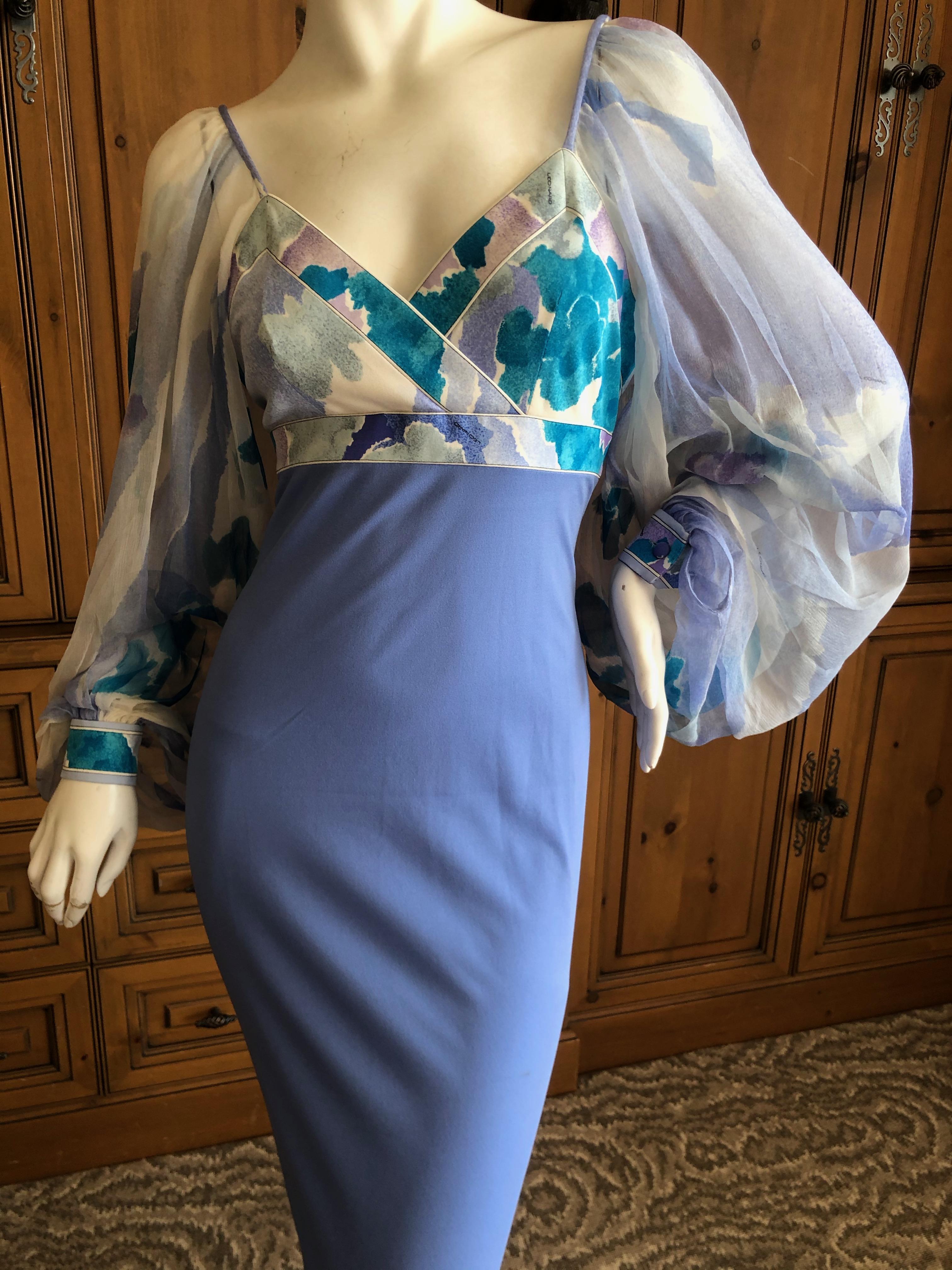 Leonard Paris Silk Jersey Vintage Long Evening Dress with Sheer Poet Sleeve  In Excellent Condition For Sale In Cloverdale, CA
