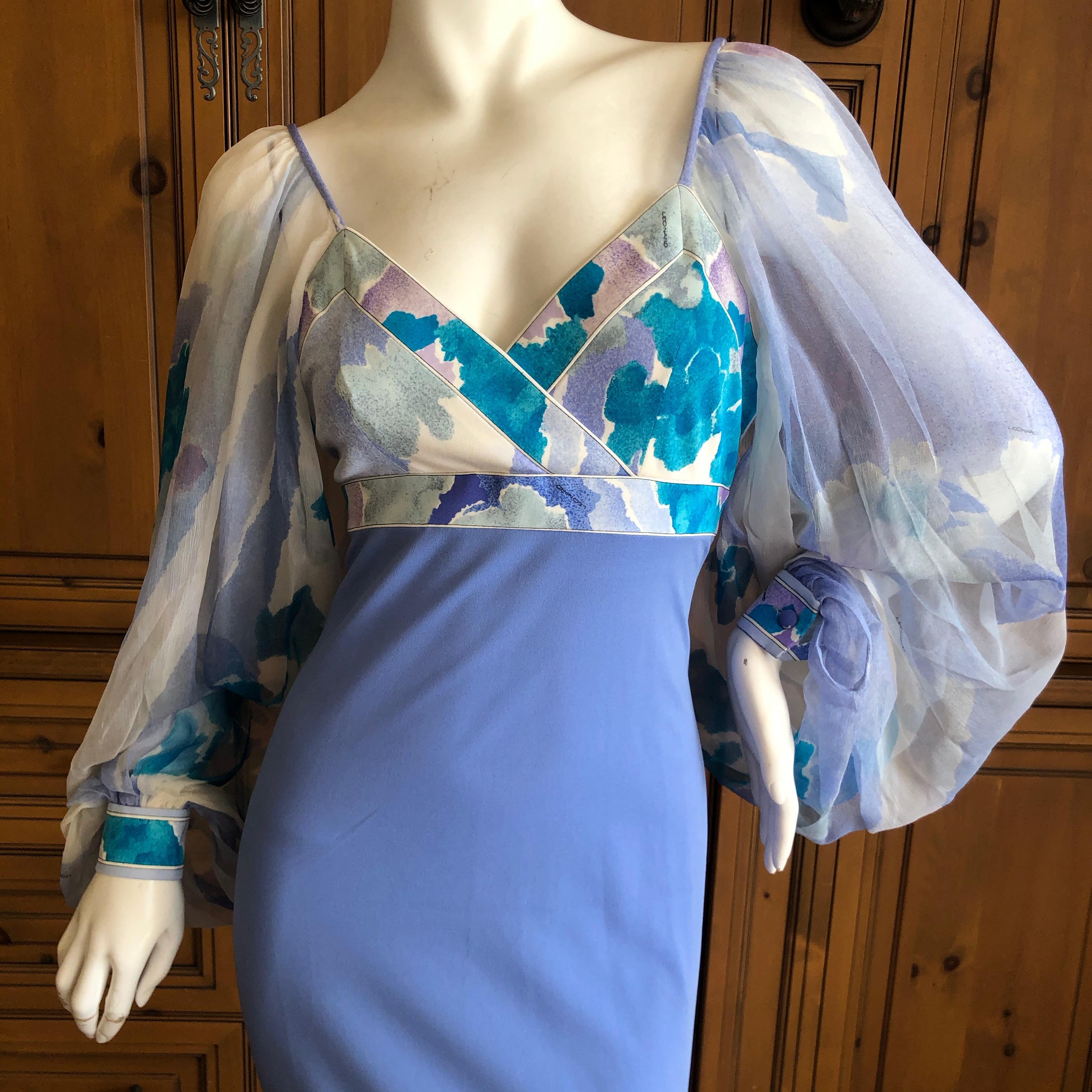 Leonard Paris Silk Jersey Vintage Long Evening Dress with Sheer Poet Sleeve  For Sale 1