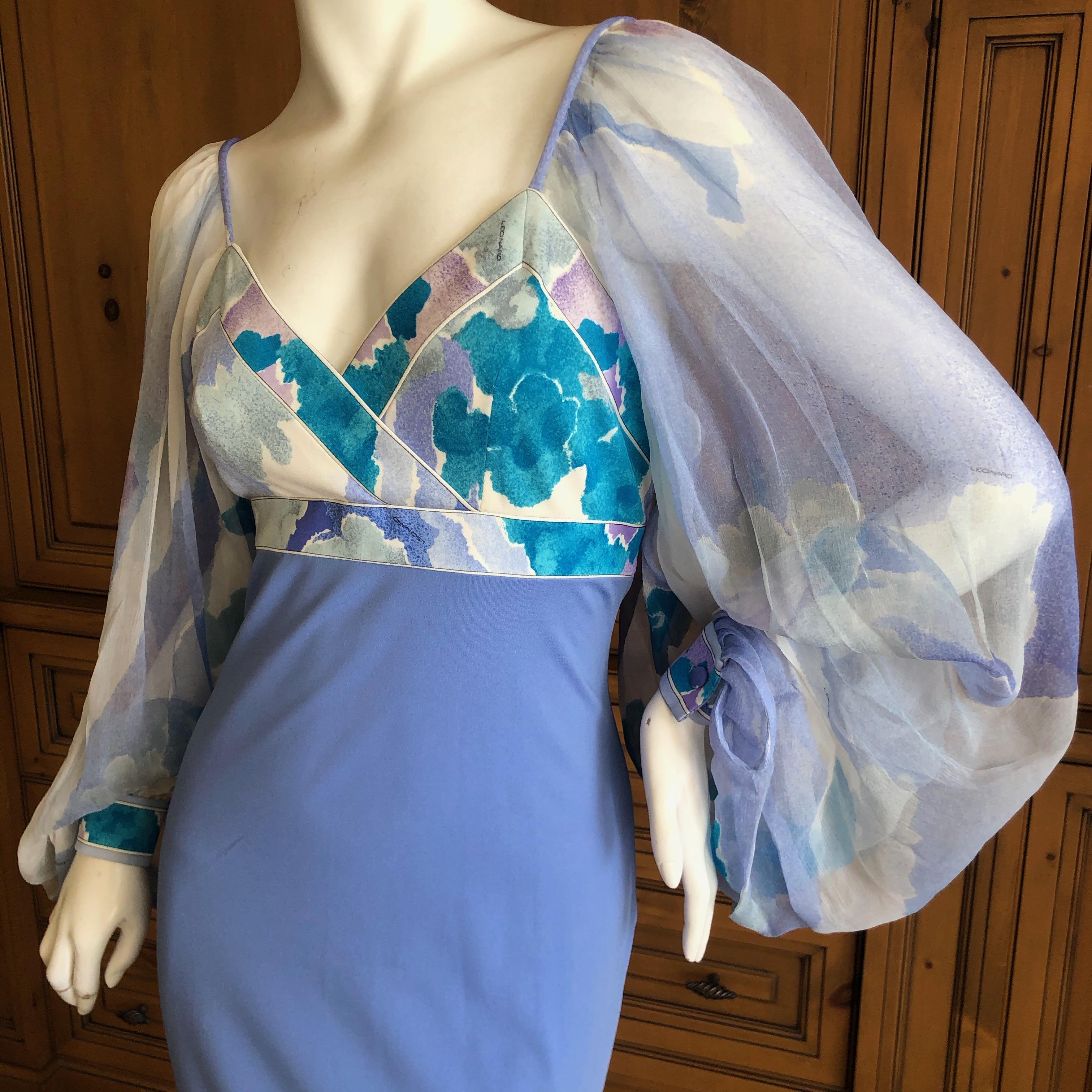 Leonard Paris Silk Jersey Vintage Long Evening Dress with Sheer Poet Sleeve  For Sale 2