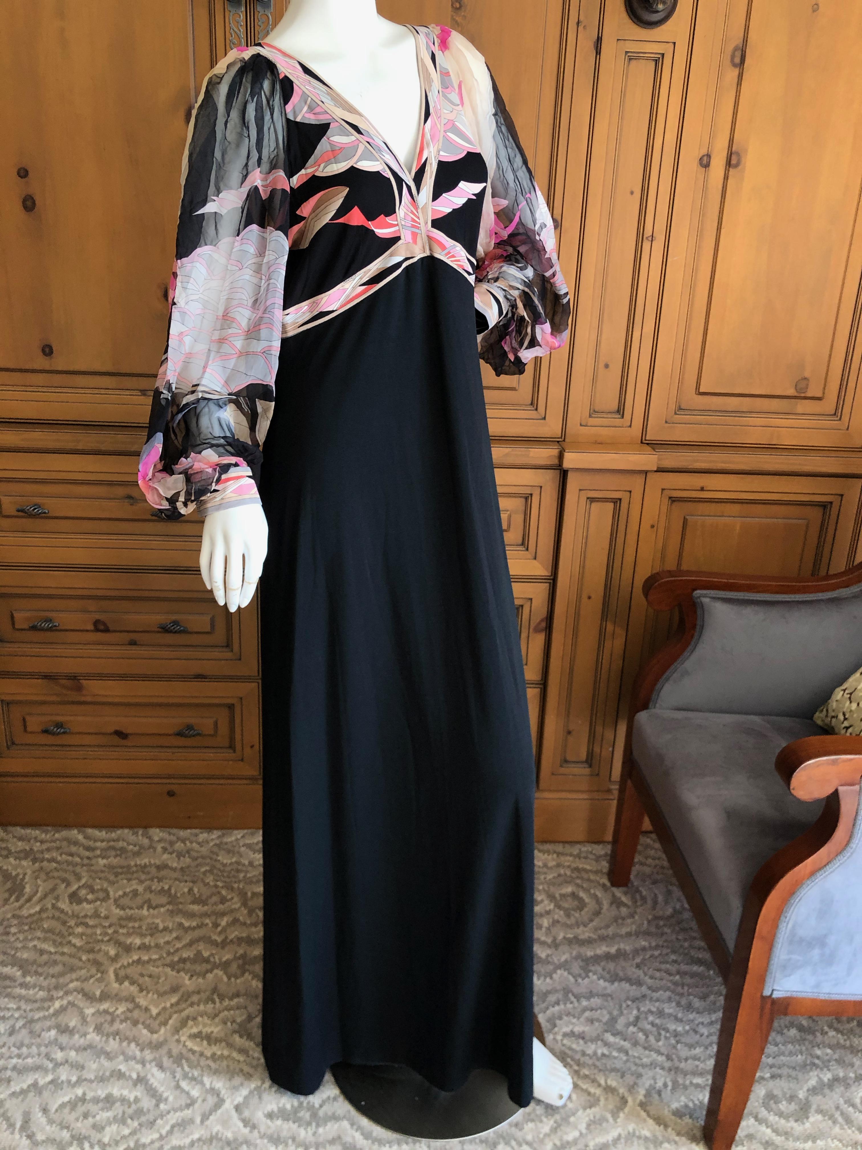 Leonard Paris Silk Jersey Vintage Long Evening Dress with Sheer Poet Sleeve  For Sale 4