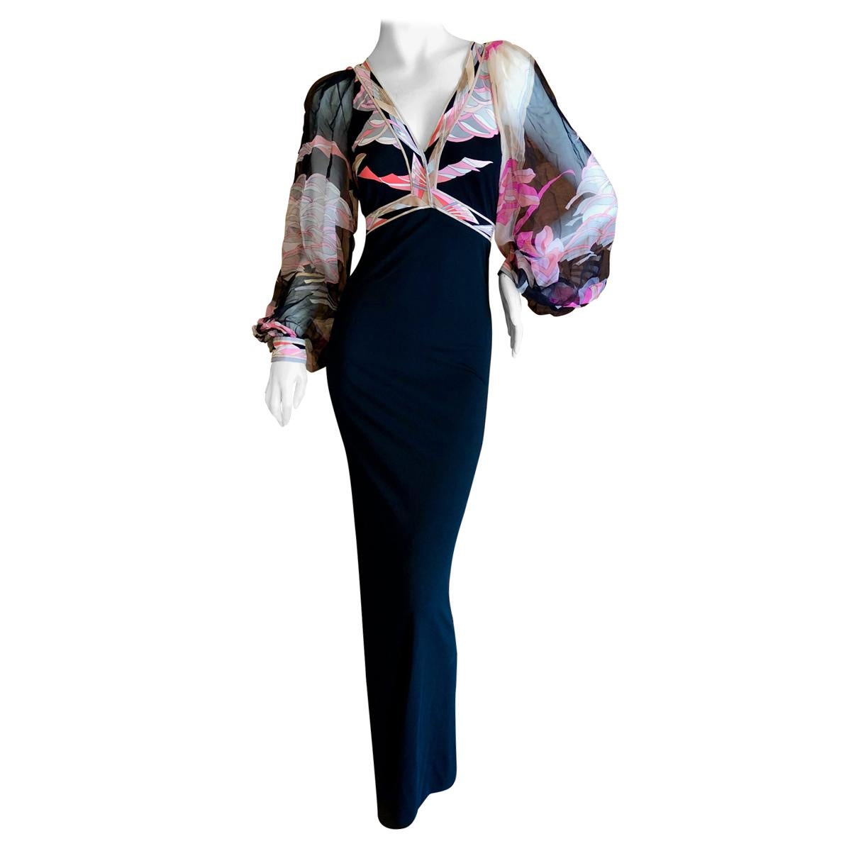 Leonard Paris Silk Jersey Vintage Long Evening Dress with Sheer Poet Sleeve  For Sale