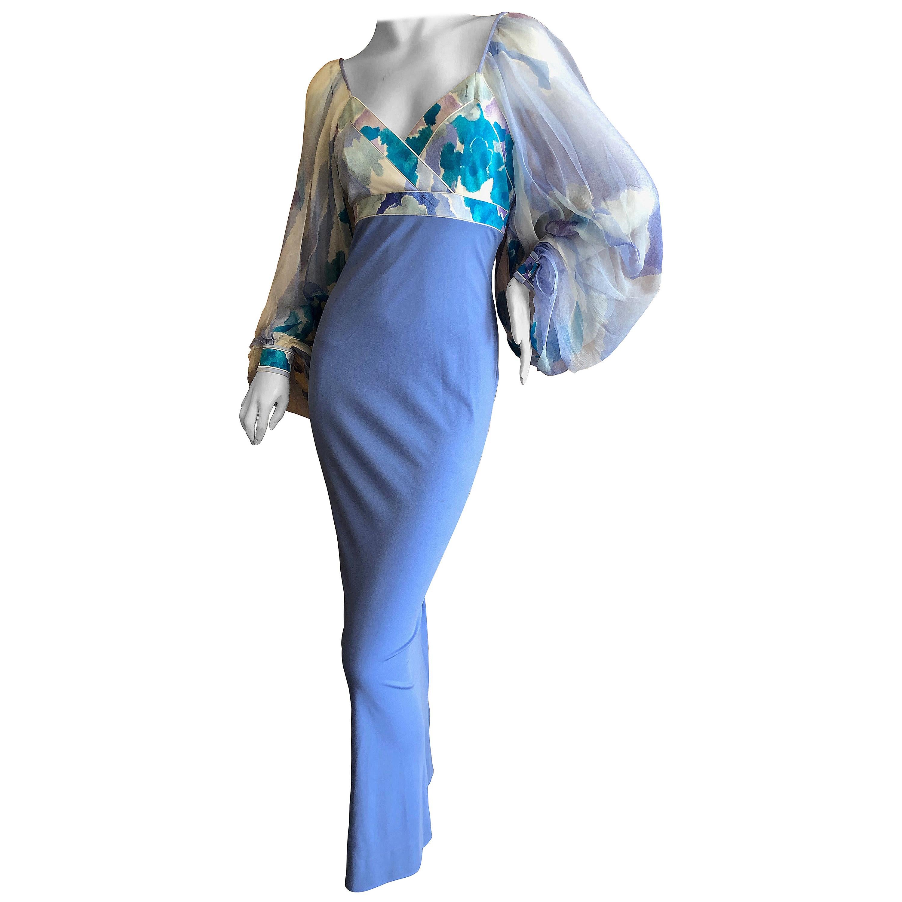 Leonard Paris Silk Jersey Vintage Long Evening Dress with Sheer Poet Sleeve  For Sale
