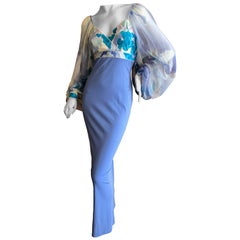 Leonard Paris Silk Jersey Vintage Long Evening Dress with Sheer Poet Sleeve 
