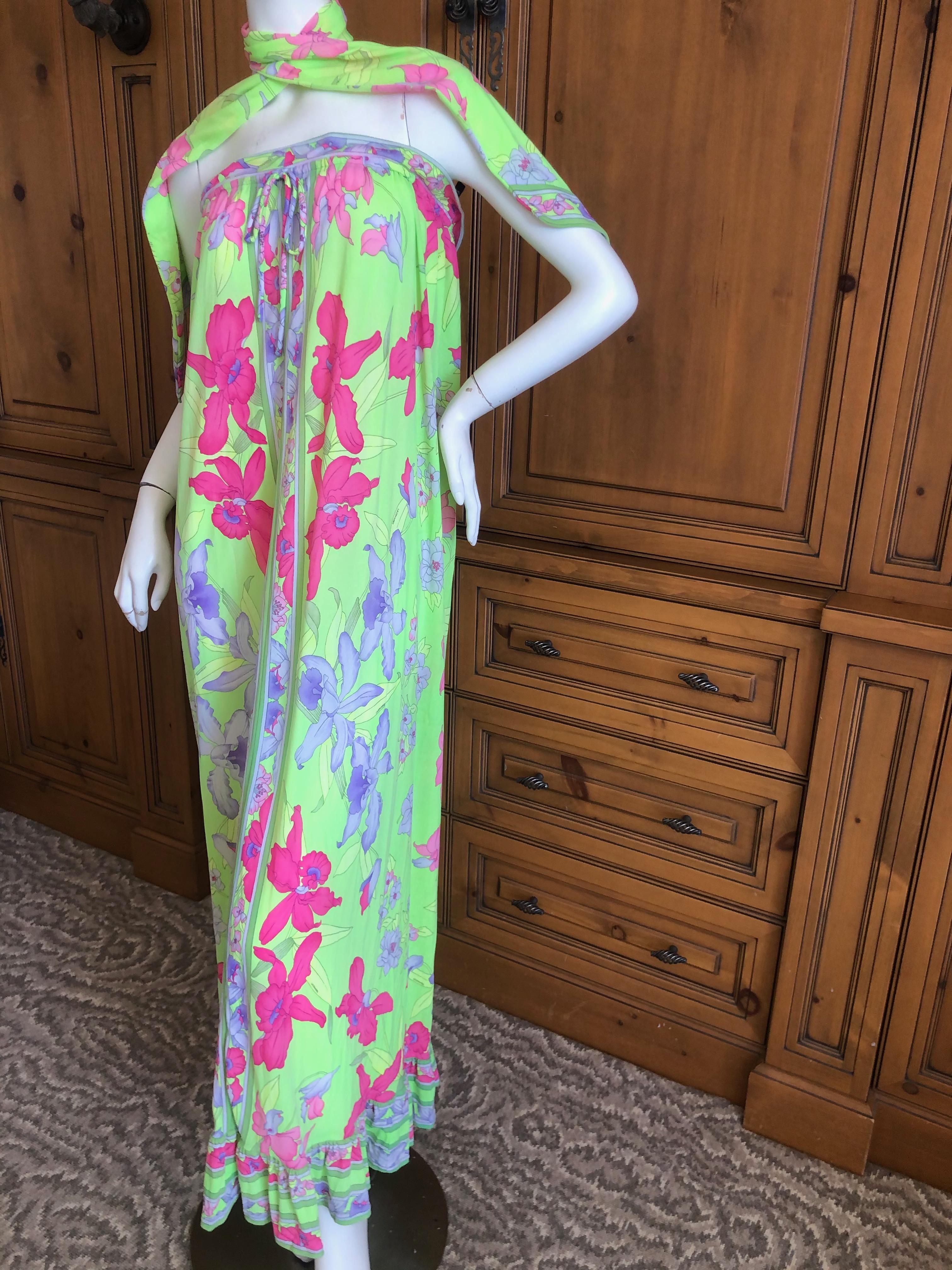 Leonard Paris Silk Jersey Vintage Strapless Long Floral Dress with Sash Tie In Excellent Condition For Sale In Cloverdale, CA