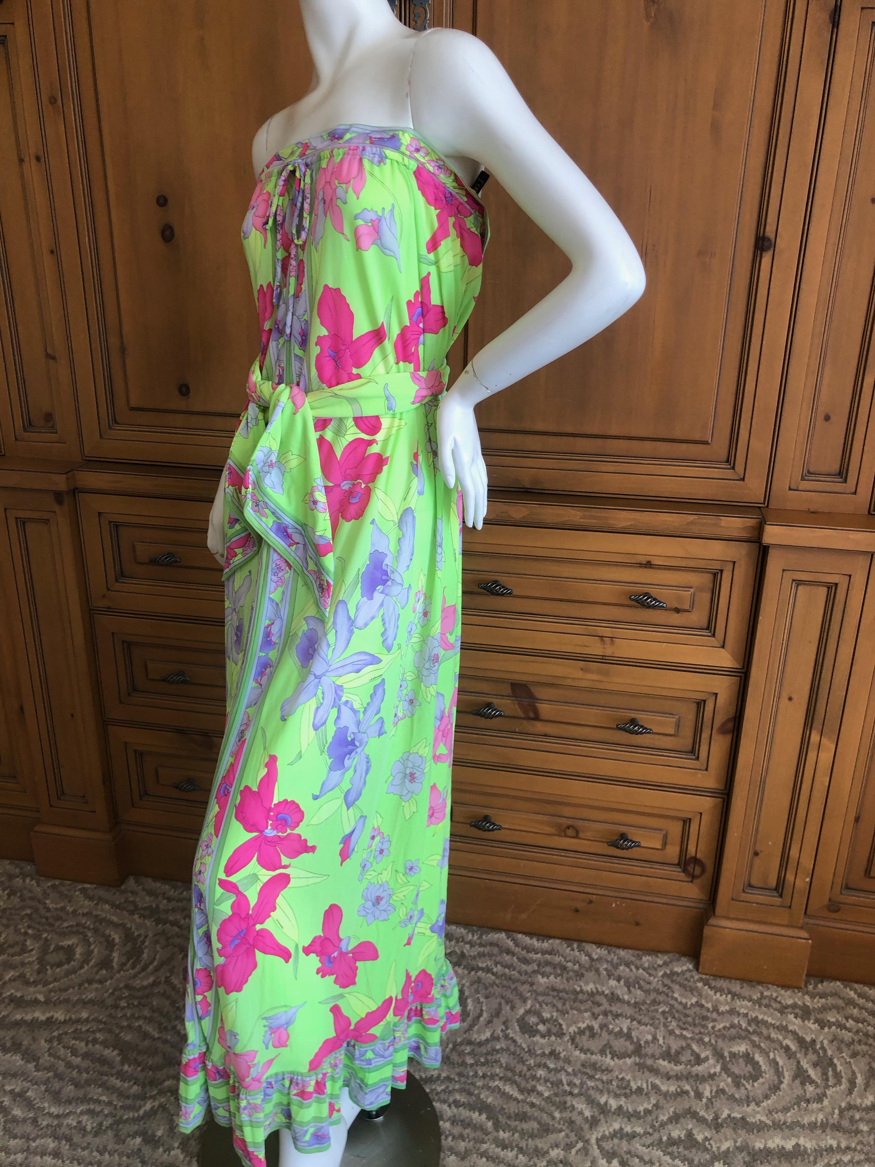 Leonard Paris Silk Jersey Vintage Strapless Long Floral Dress with Sash Tie For Sale 2