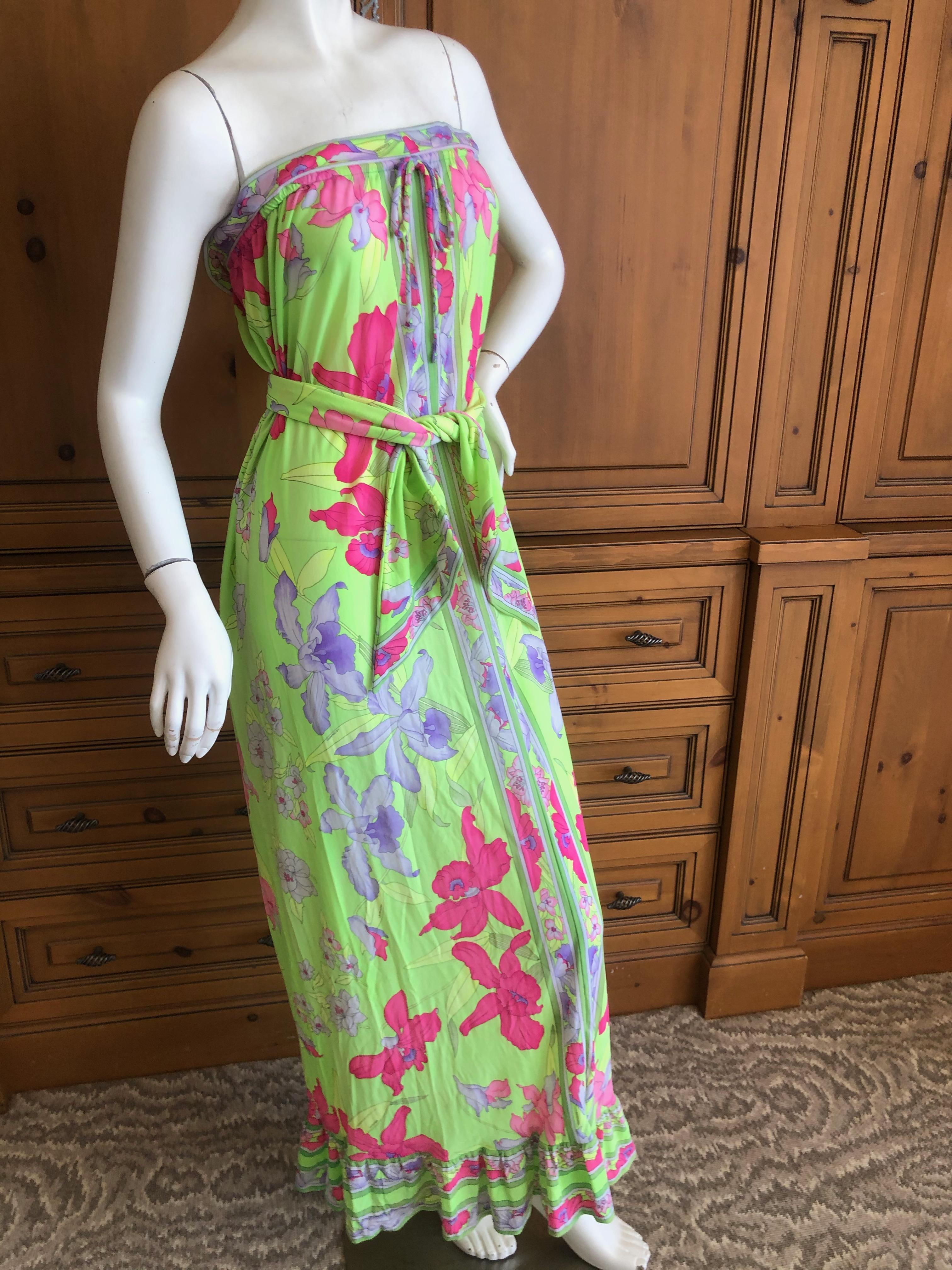 Leonard Paris Silk Jersey Vintage Strapless Long Floral Dress with Sash Tie For Sale 2