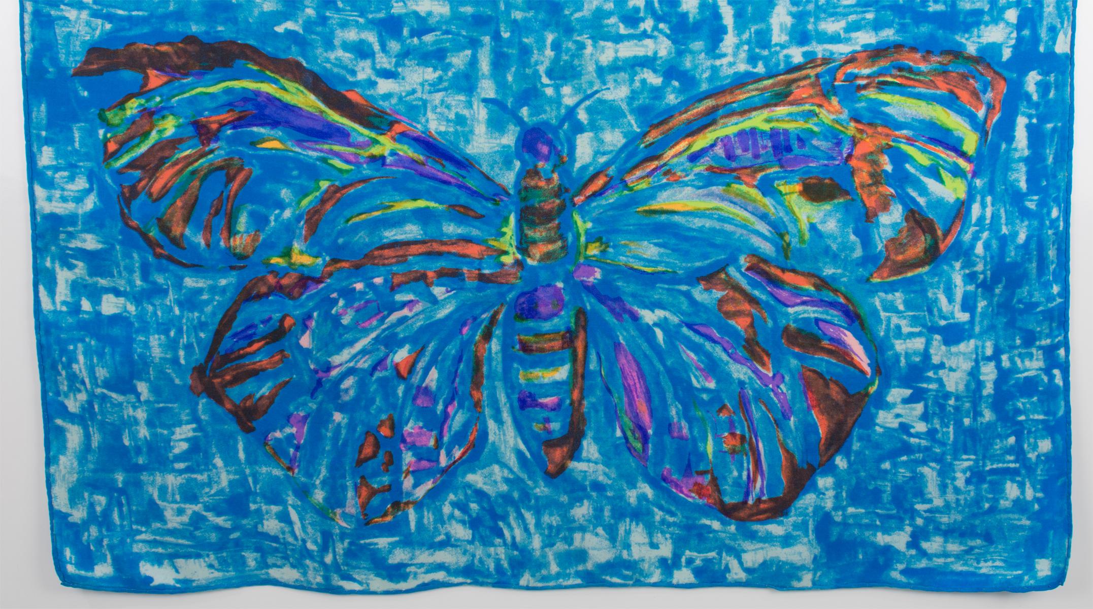 Leonard Paris - Écharpe en soie bleue avec papillons en vente 1