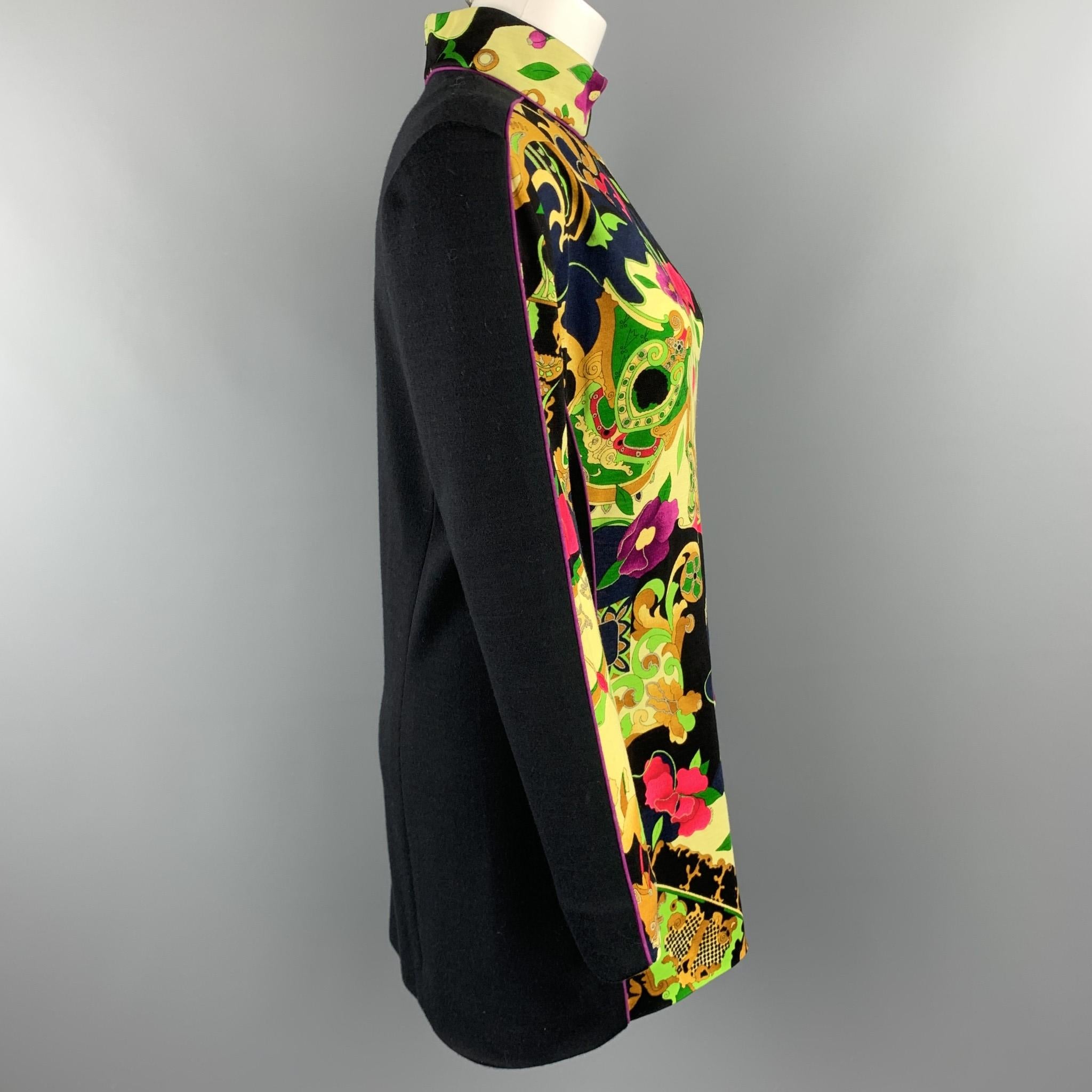 Women's LEONARD PARIS Size 2 Black & Yellow Floral Print Wool Jersey Mock Neck Dress