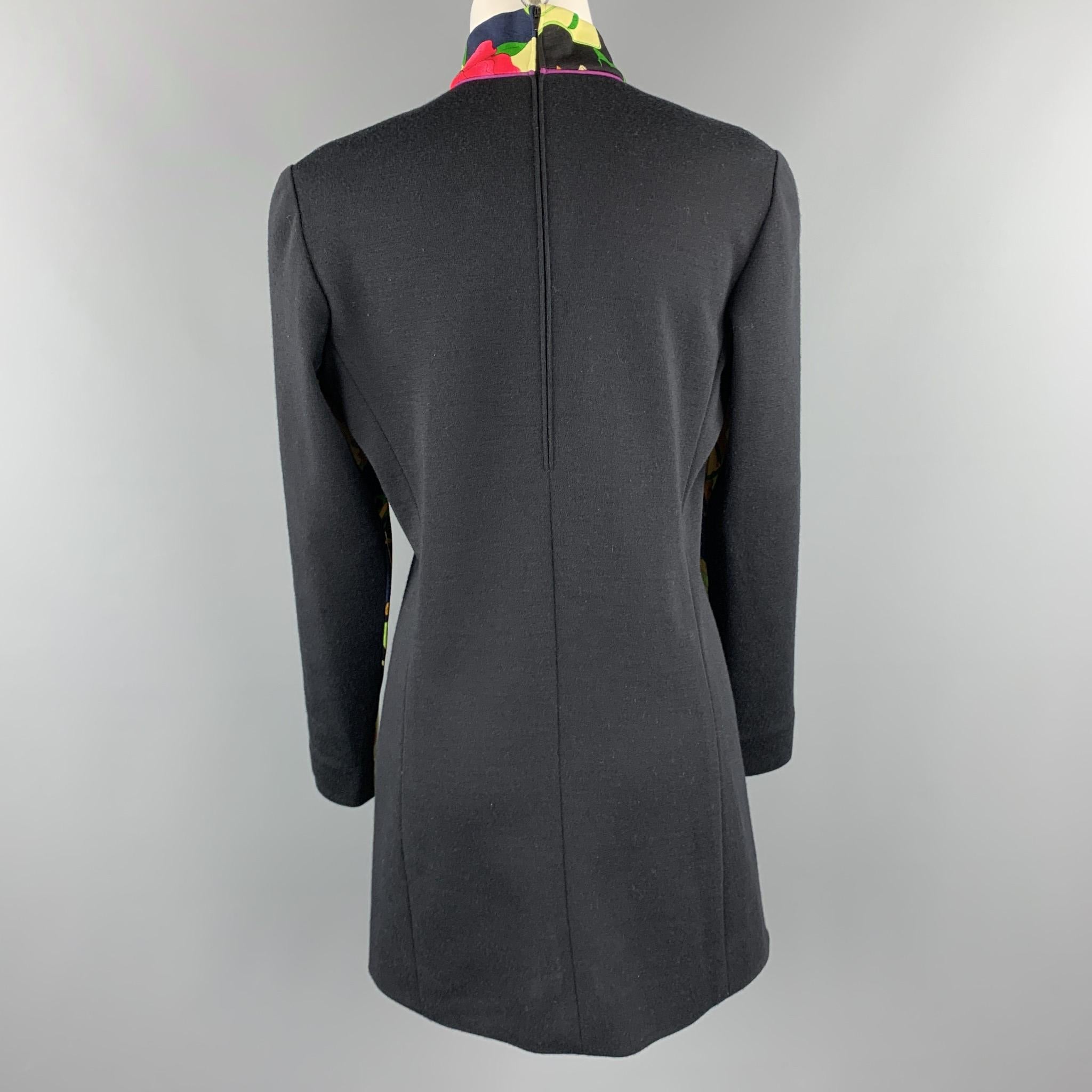 LEONARD PARIS Size 2 Black & Yellow Floral Print Wool Jersey Mock Neck Dress 1