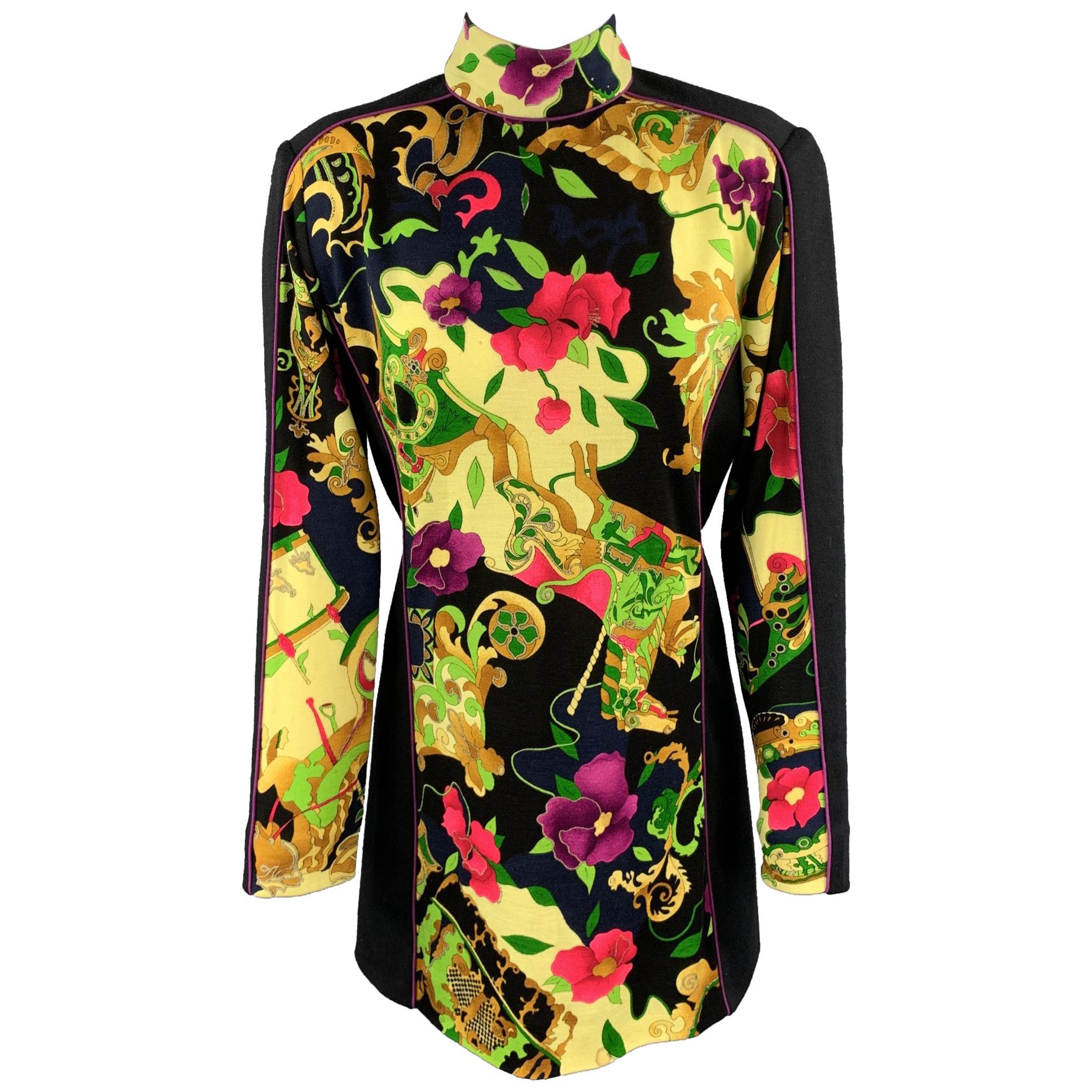 LEONARD PARIS Size 2 Black & Yellow Floral Print Wool Jersey Mock Neck Dress