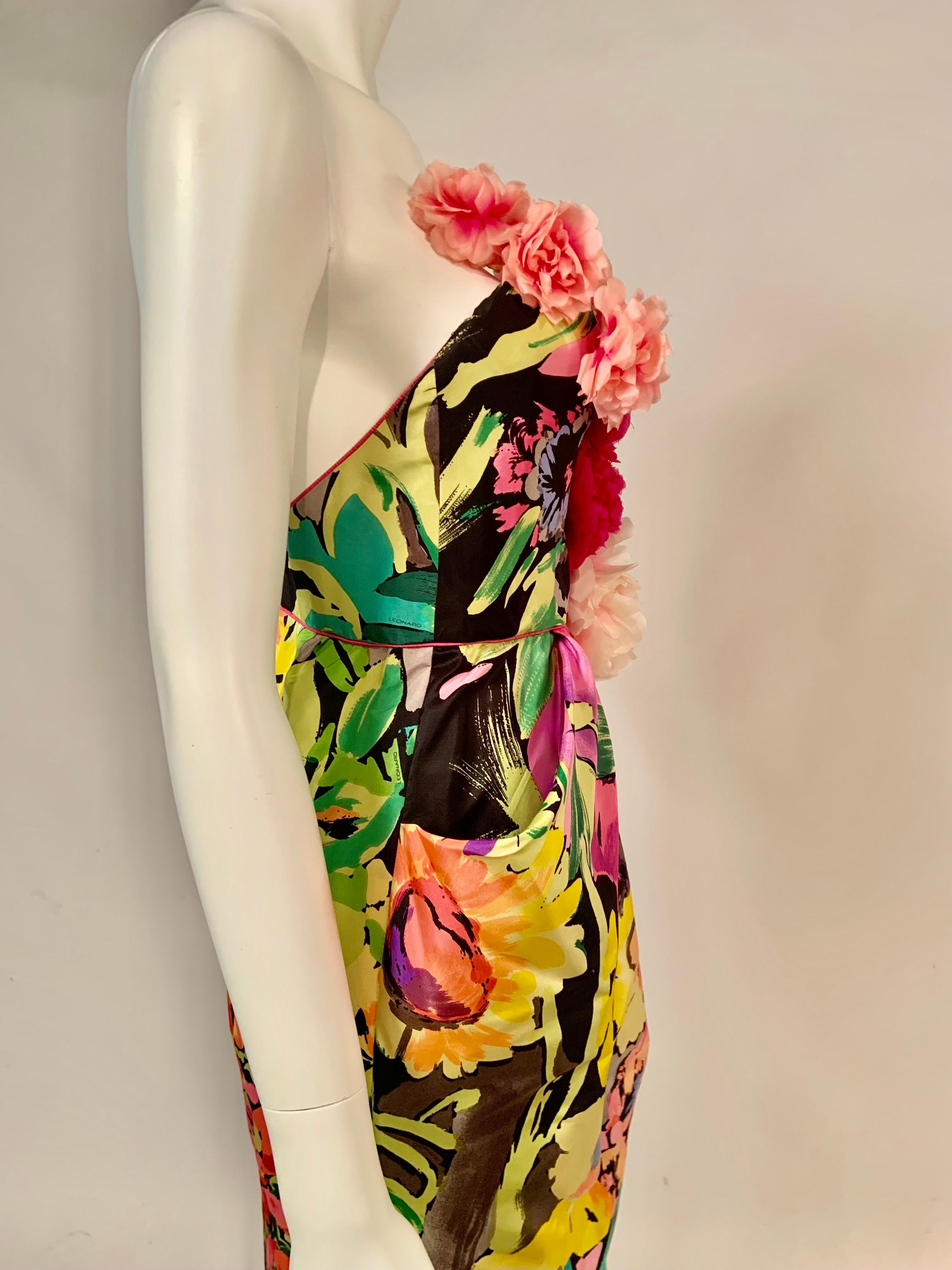 Leonard, Paris Strapless Silk Floral Print Gown with Silk Flower Corsage Bodice For Sale 6