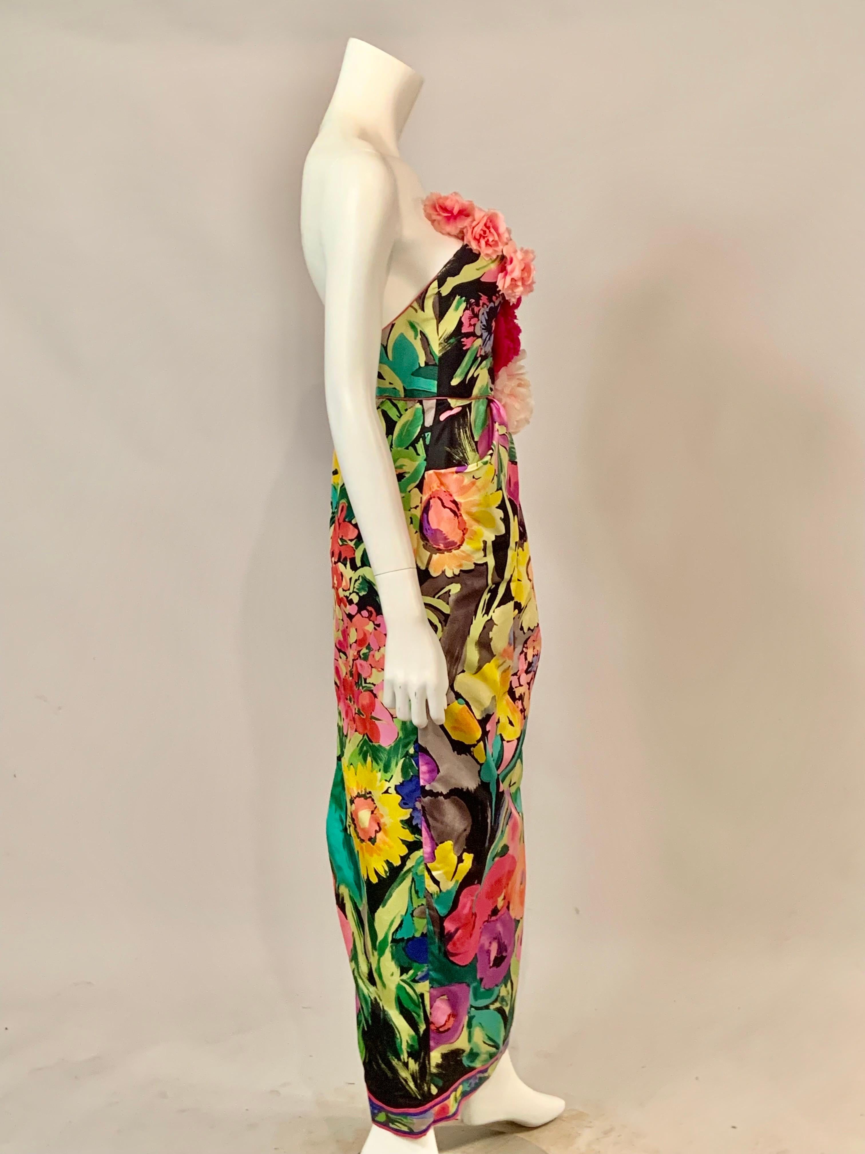 Leonard, Paris Strapless Silk Floral Print Gown with Silk Flower Corsage Bodice For Sale 7