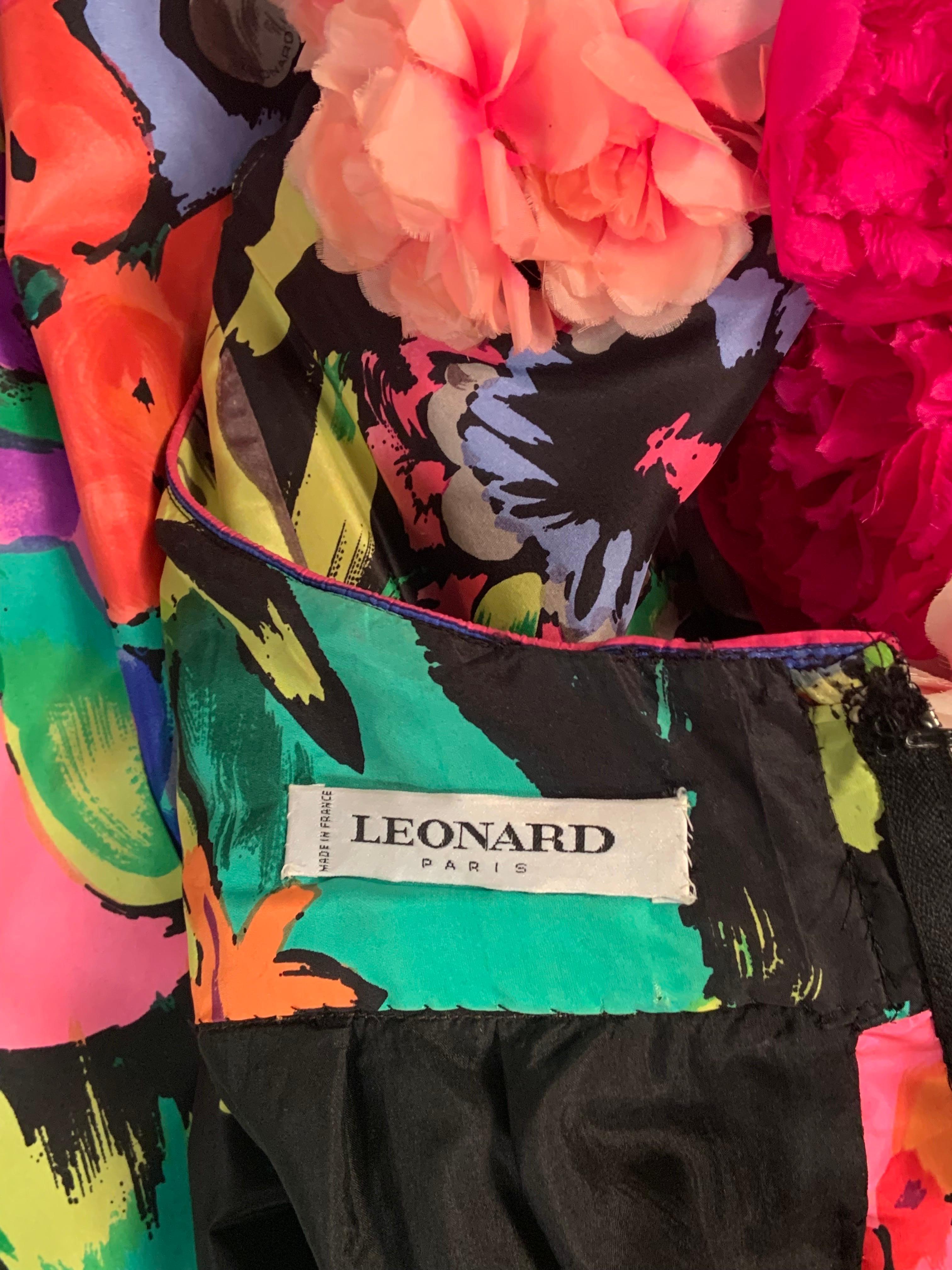 Leonard, Paris Strapless Silk Floral Print Gown with Silk Flower Corsage Bodice For Sale 10