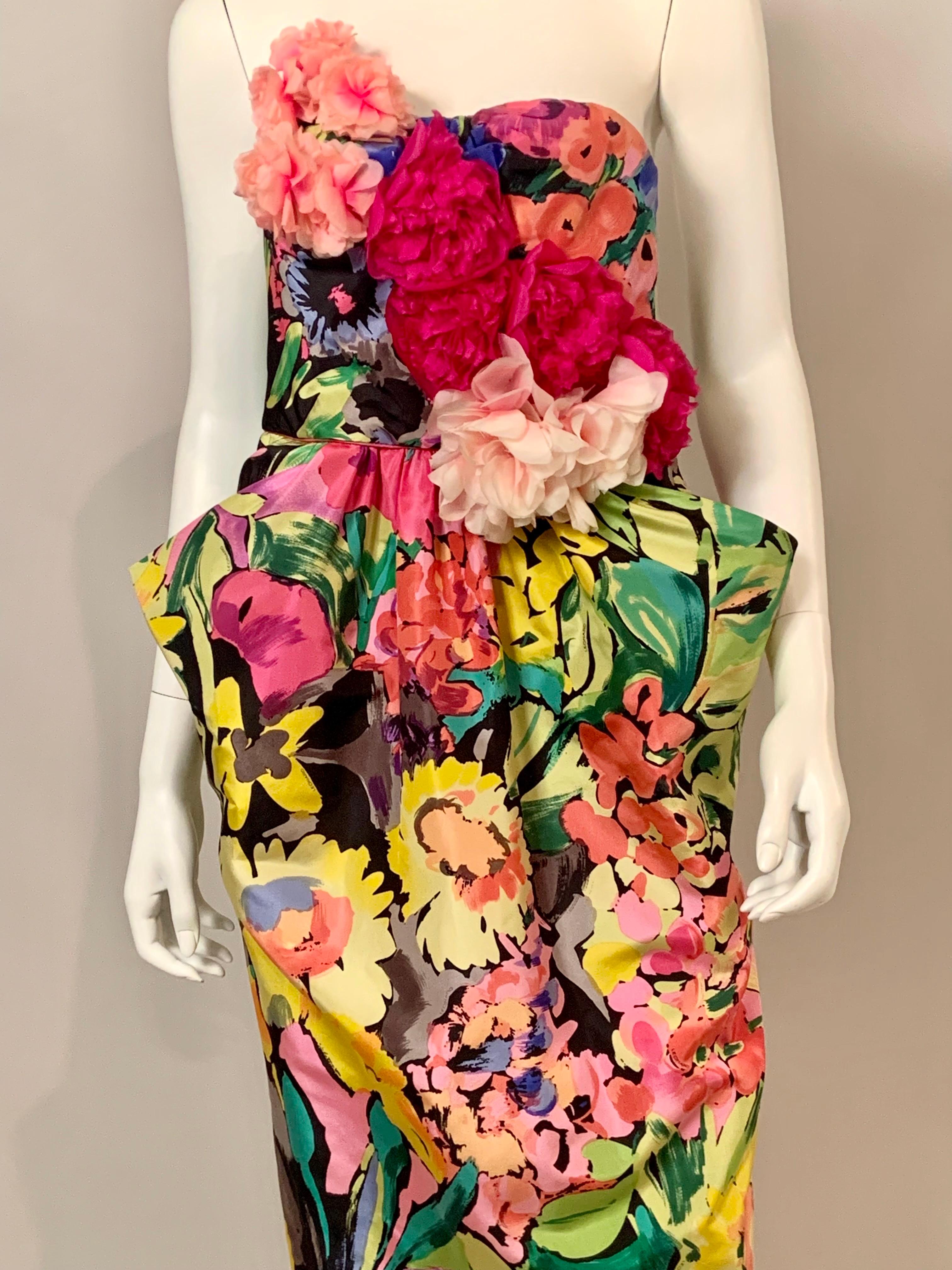 Leonard, Paris Strapless Silk Floral Print Gown with Silk Flower Corsage Bodice In Excellent Condition For Sale In New Hope, PA