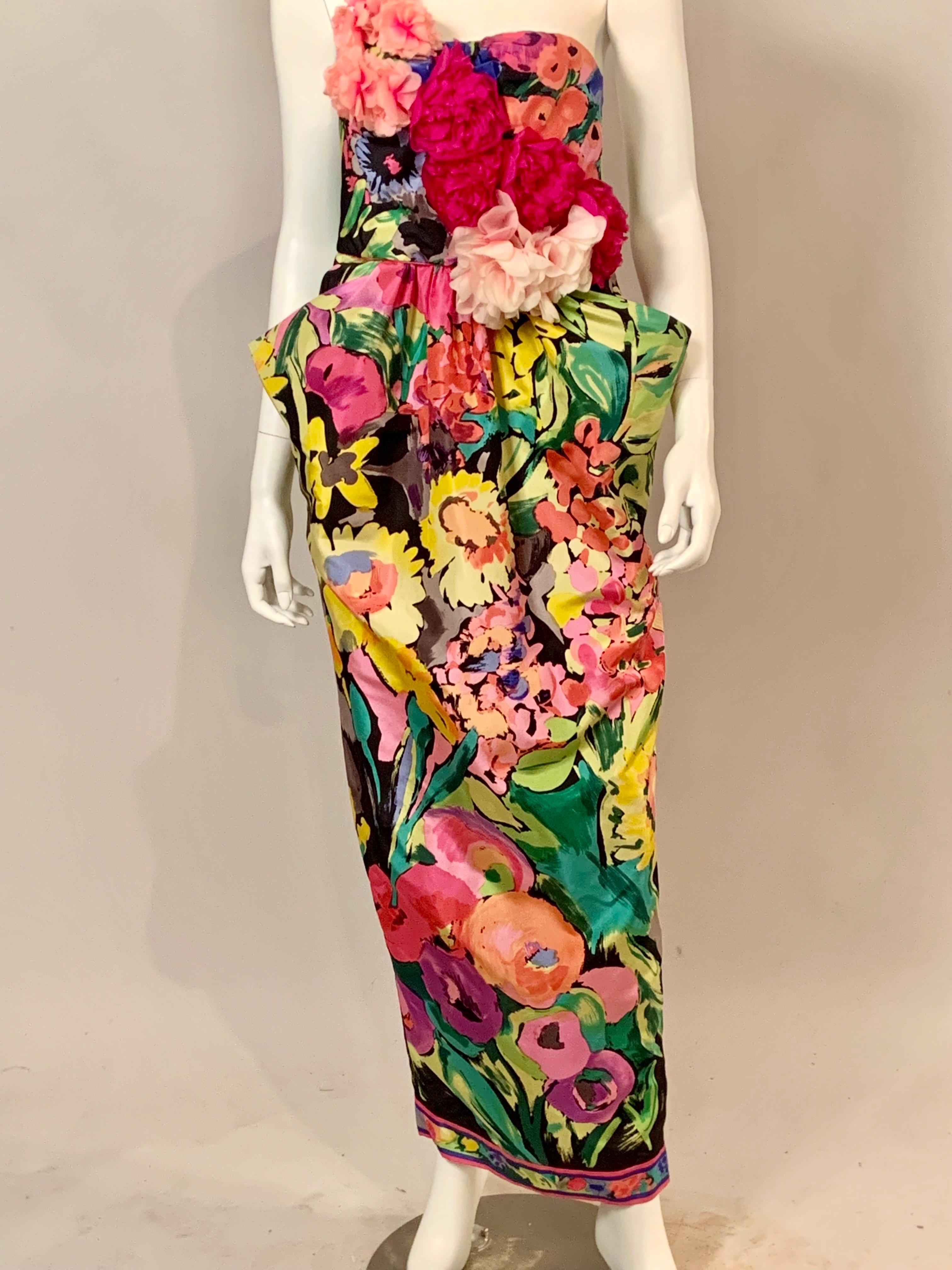 Women's Leonard, Paris Strapless Silk Floral Print Gown with Silk Flower Corsage Bodice For Sale