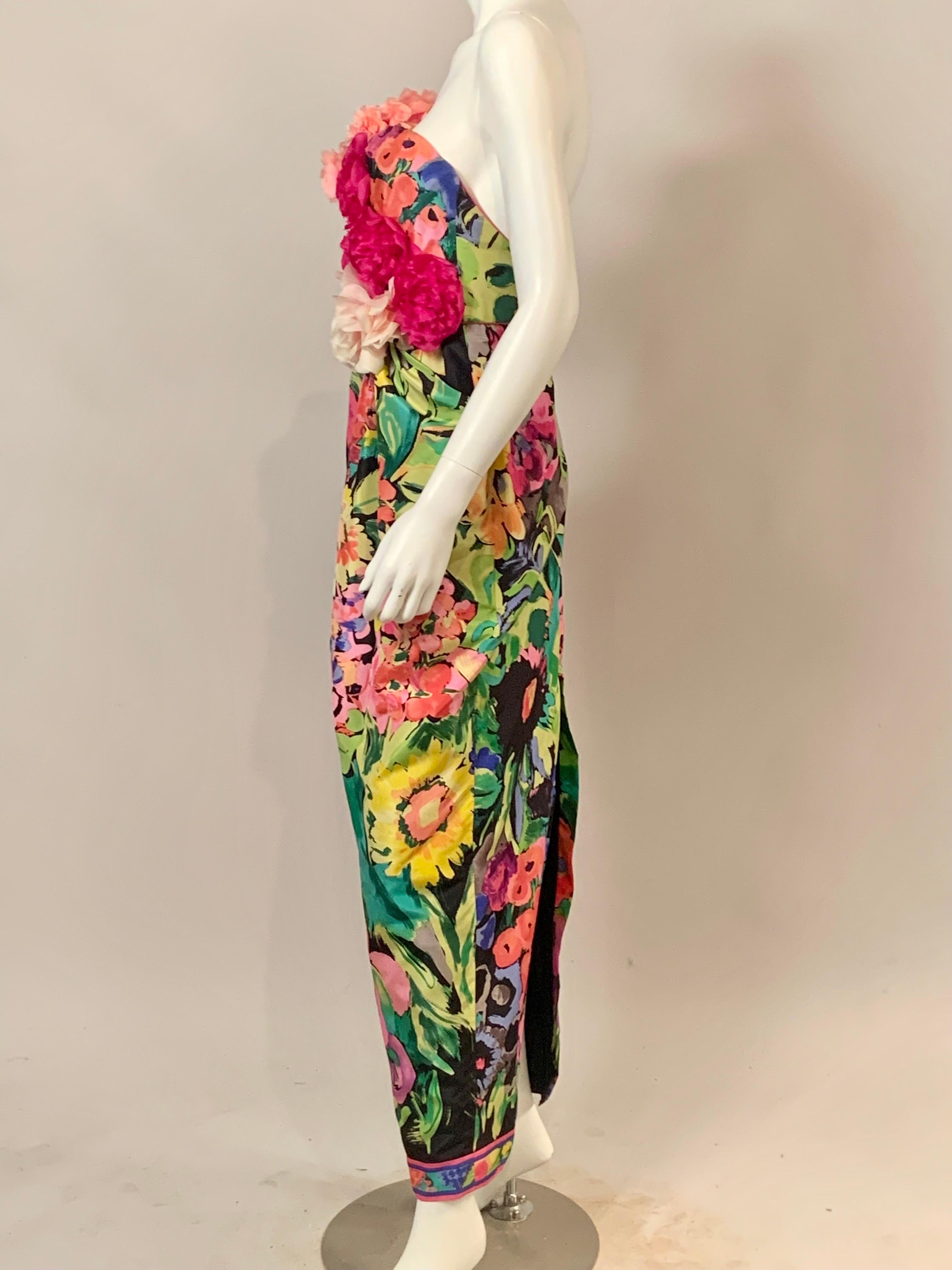 Leonard, Paris Strapless Silk Floral Print Gown with Silk Flower Corsage Bodice For Sale 1