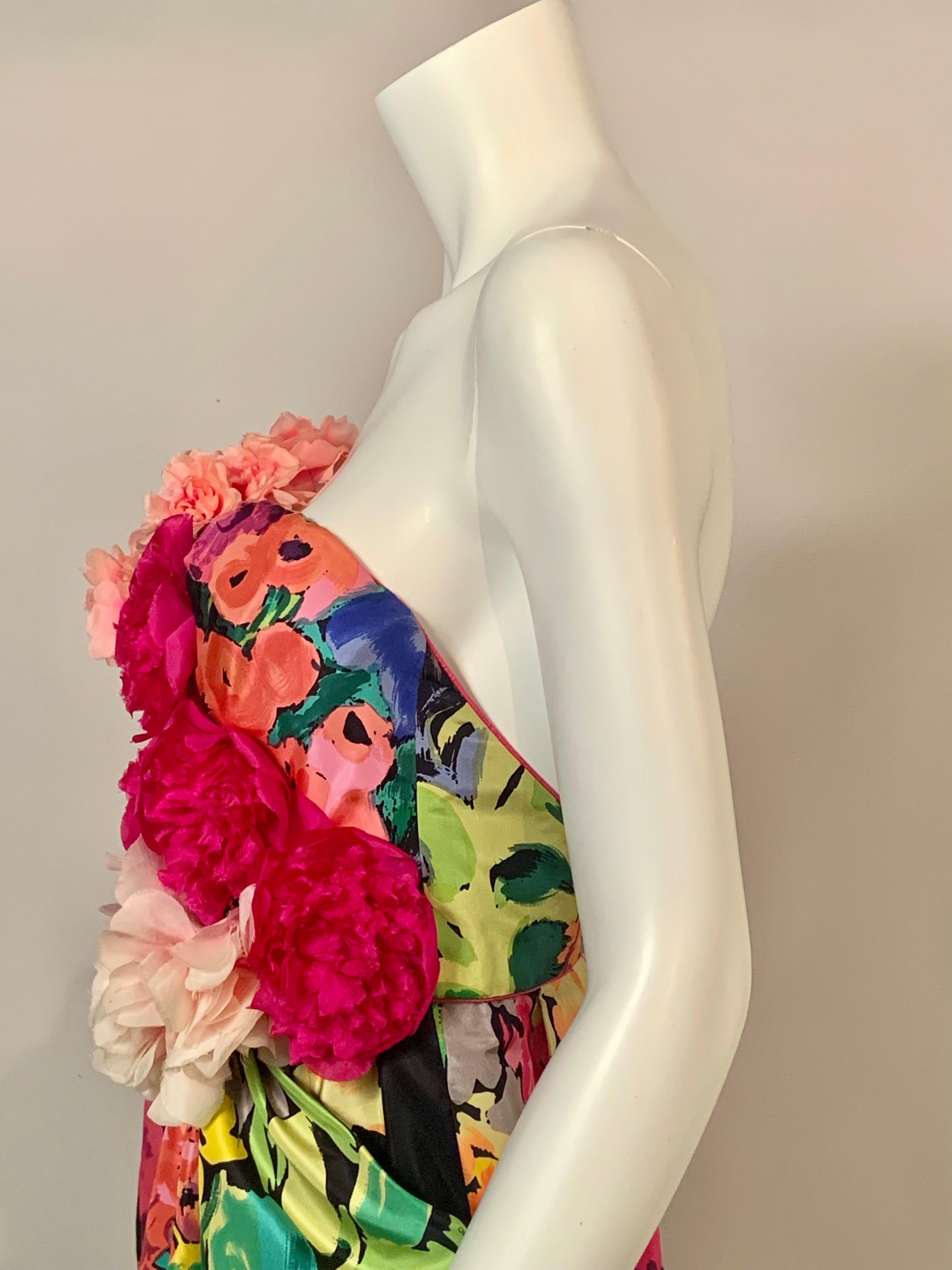 Leonard, Paris Strapless Silk Floral Print Gown with Silk Flower Corsage Bodice For Sale 2