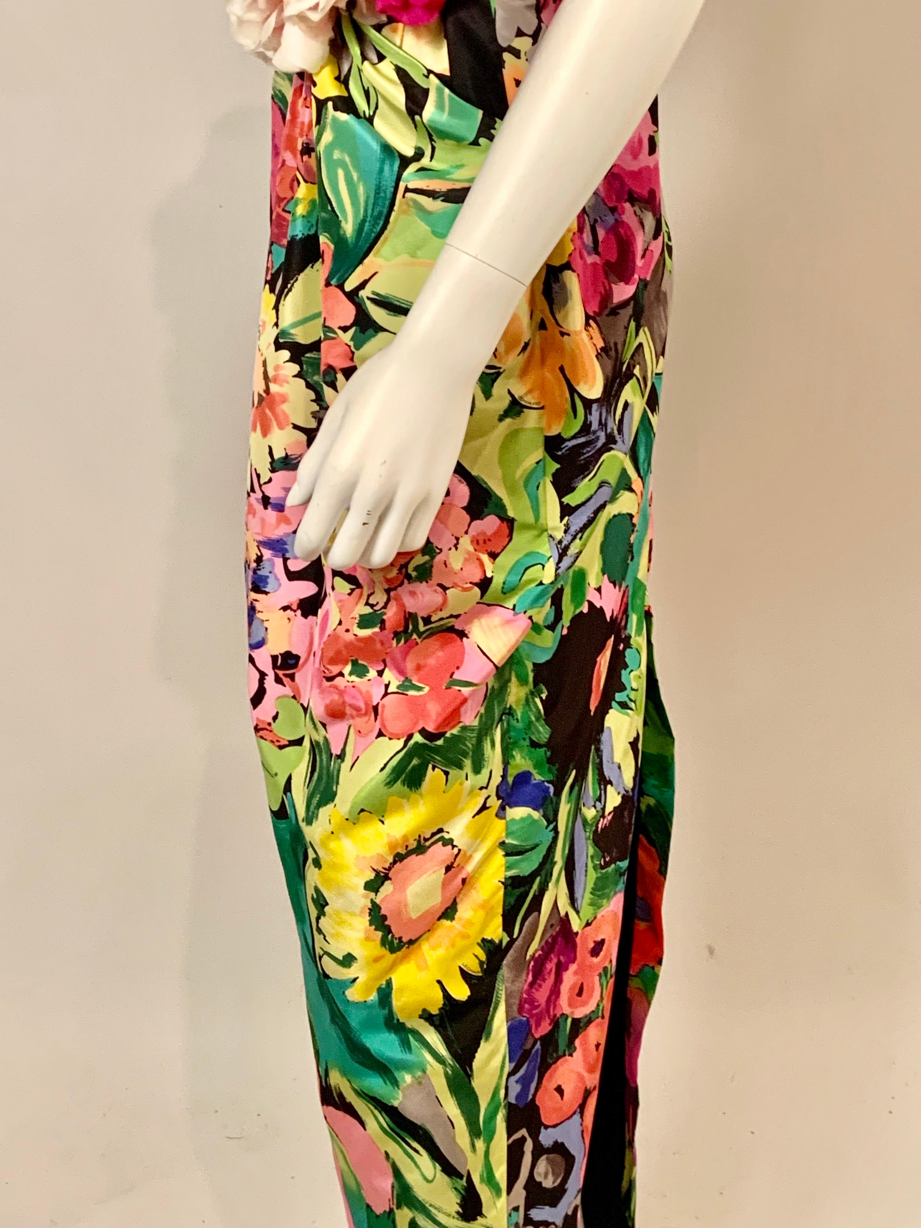 Leonard, Paris Strapless Silk Floral Print Gown with Silk Flower Corsage Bodice For Sale 3