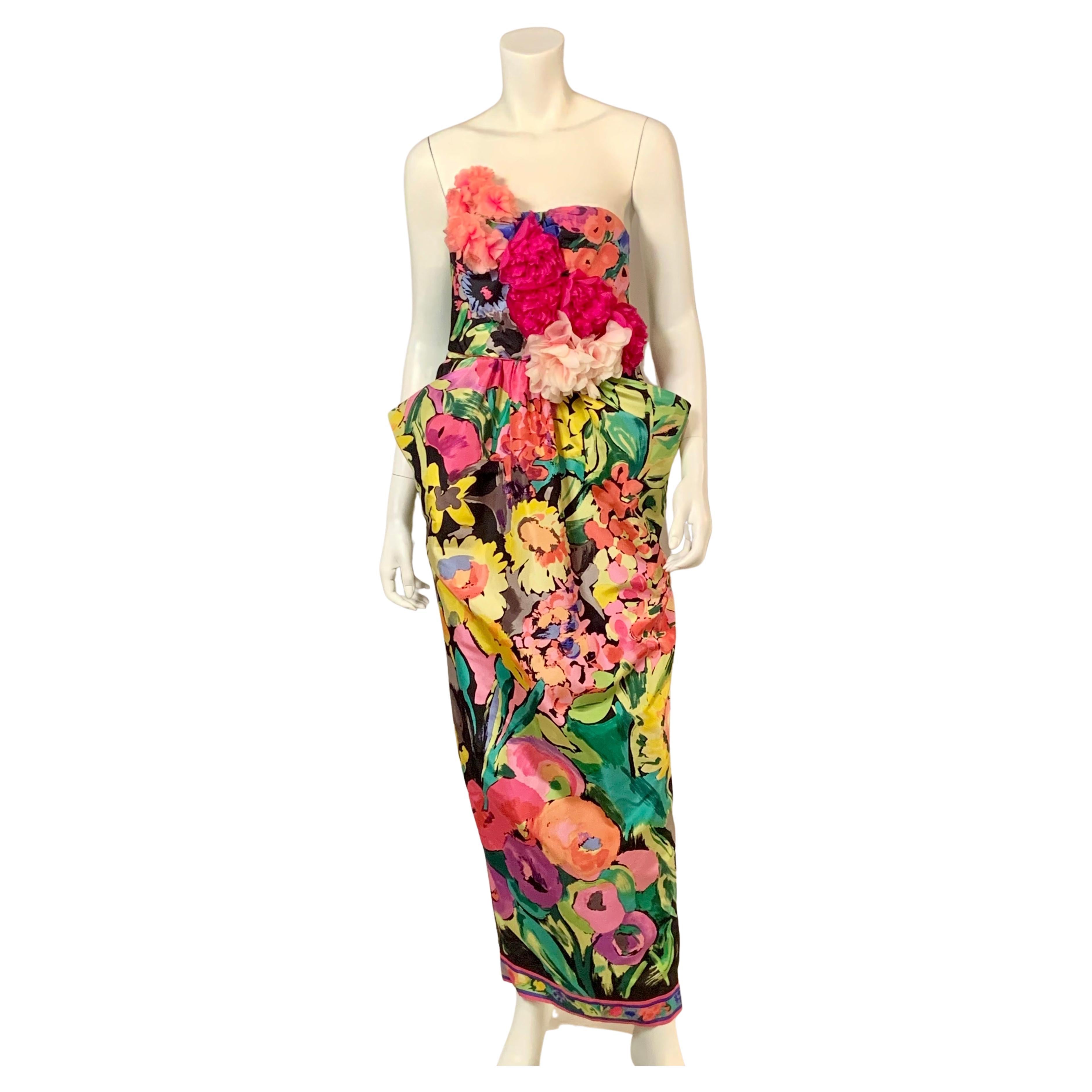 Leonard, Paris Strapless Silk Floral Print Gown with Silk Flower Corsage Bodice For Sale