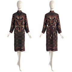 Leonard Paris Vintage 100% Seidenkrepp  Asiatischer Druck Langärmeliges Etuikleid