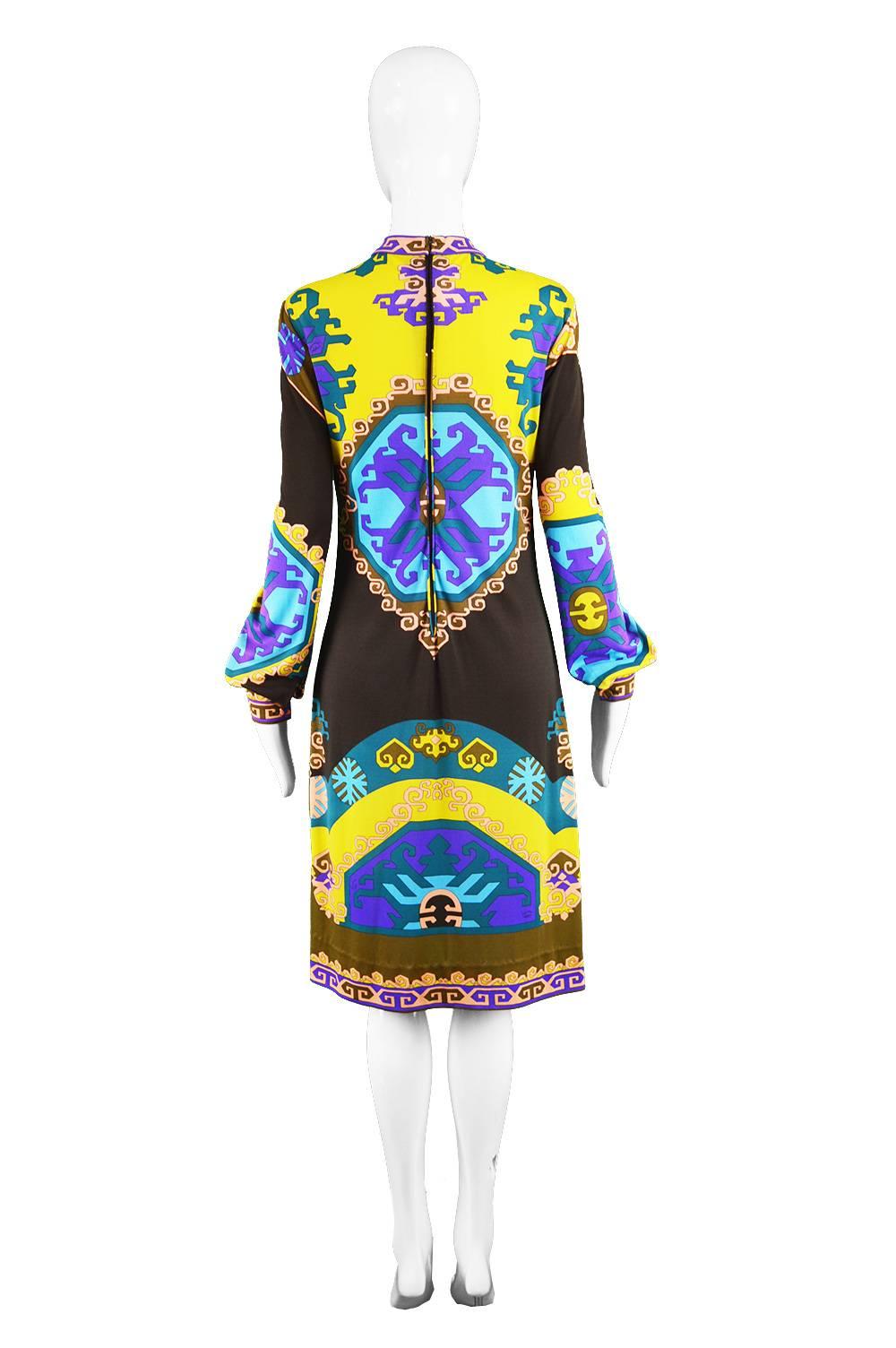 Leonard Paris Vintage 1970s Long Sleeve Purple, Yellow & Teal Jersey Shift Dress For Sale 3