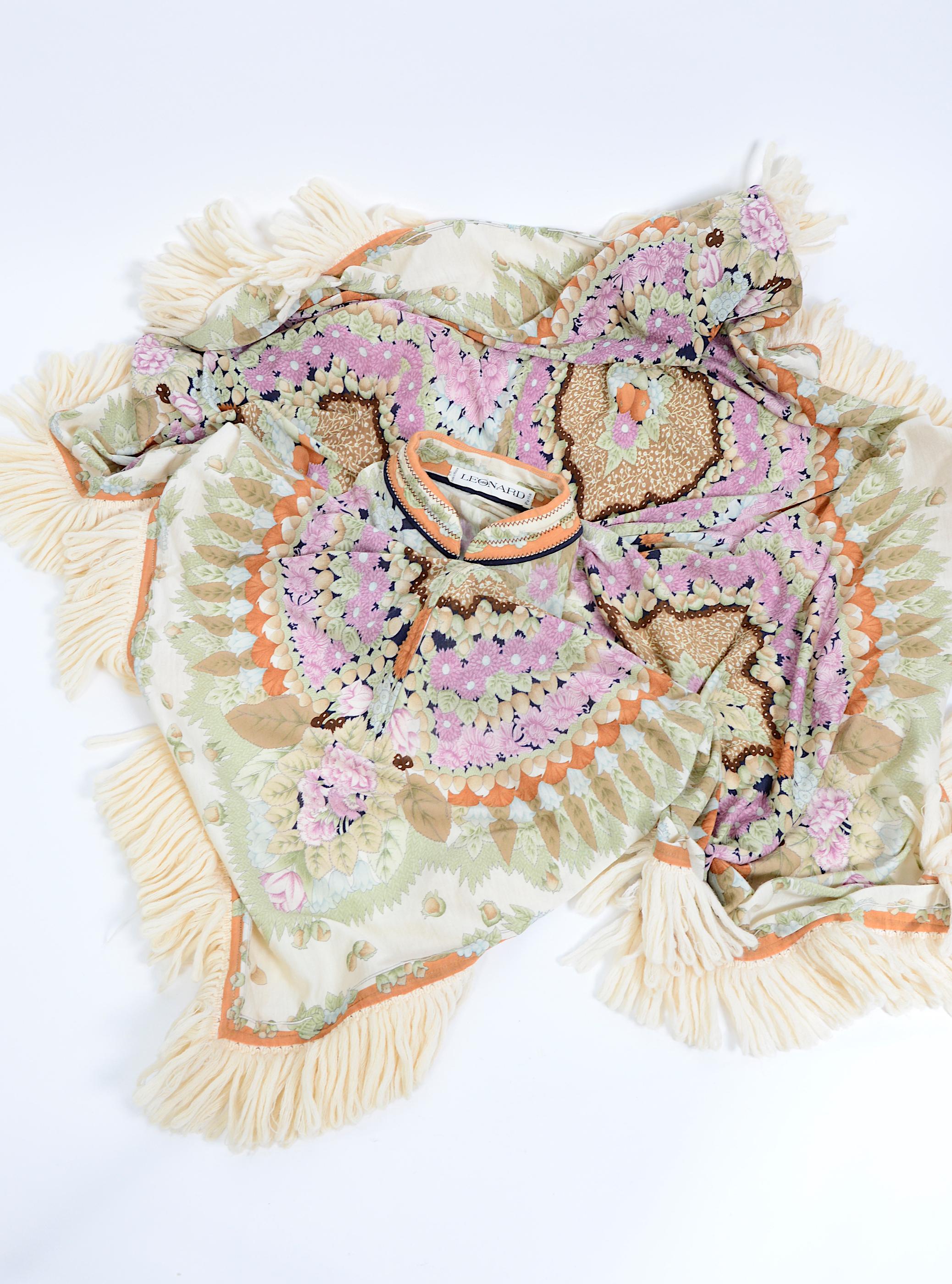 Leonard Paris vintage 1970s signed floral print silk & wool mix fringed poncho 5