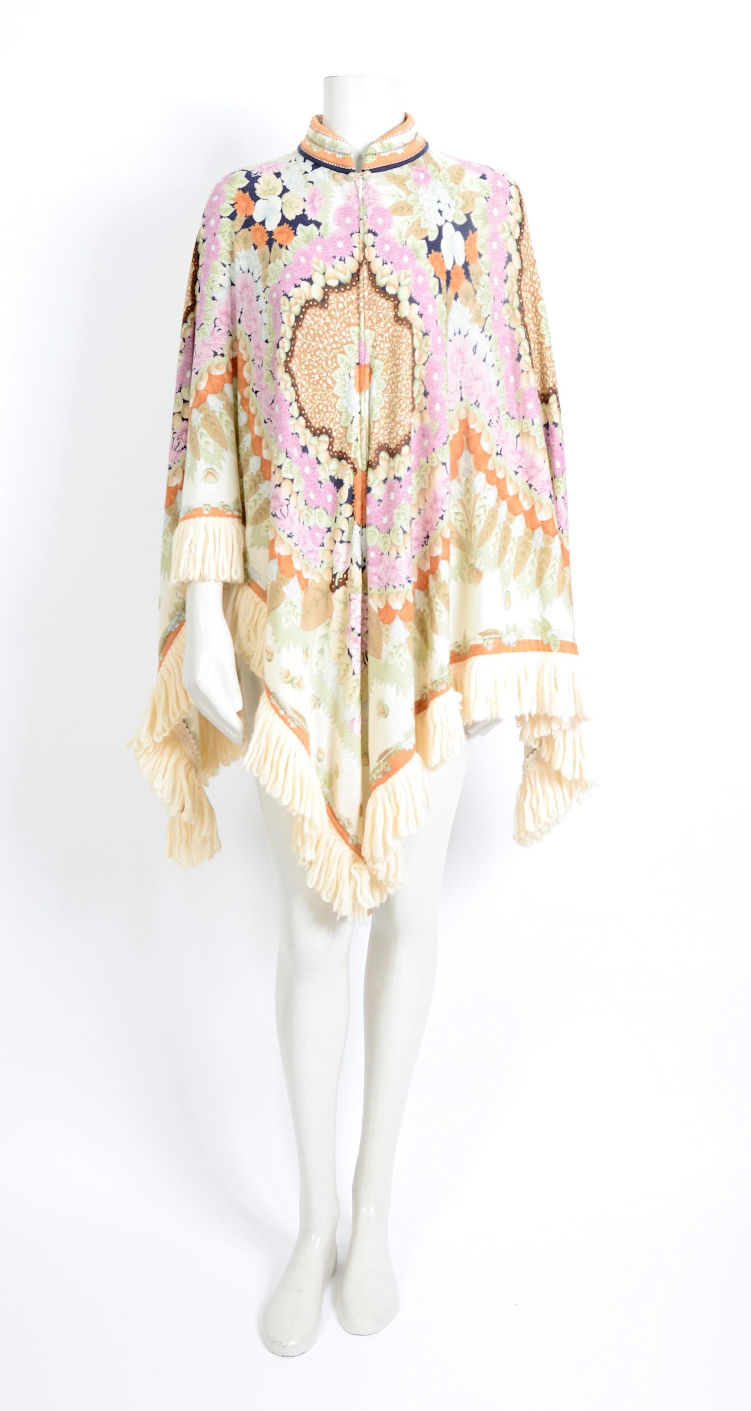Beige Leonard Paris vintage 1970s signed floral print silk & wool mix fringed poncho
