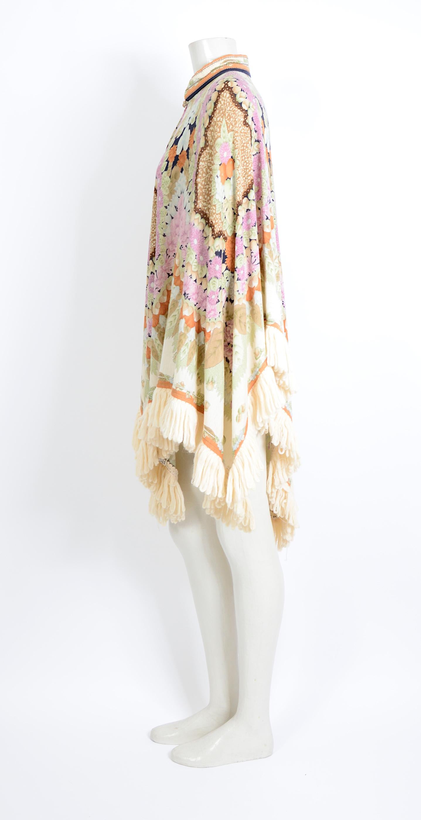 Women's or Men's Leonard Paris vintage 1970s signed floral print silk & wool mix fringed poncho