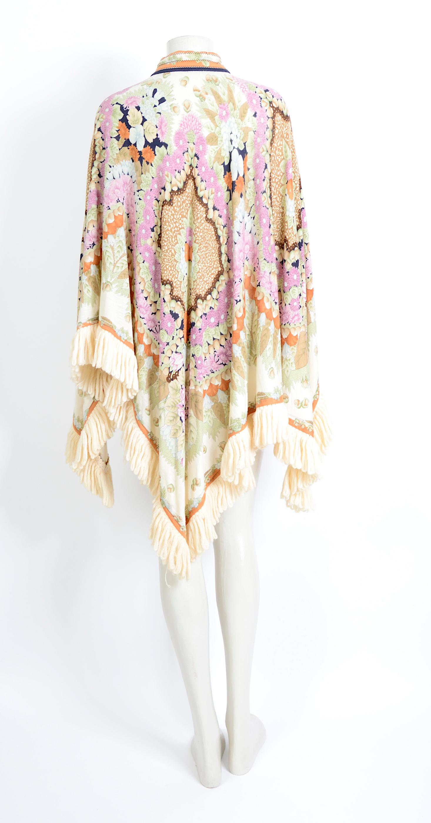 Leonard Paris vintage 1970s signed floral print silk & wool mix fringed poncho 1