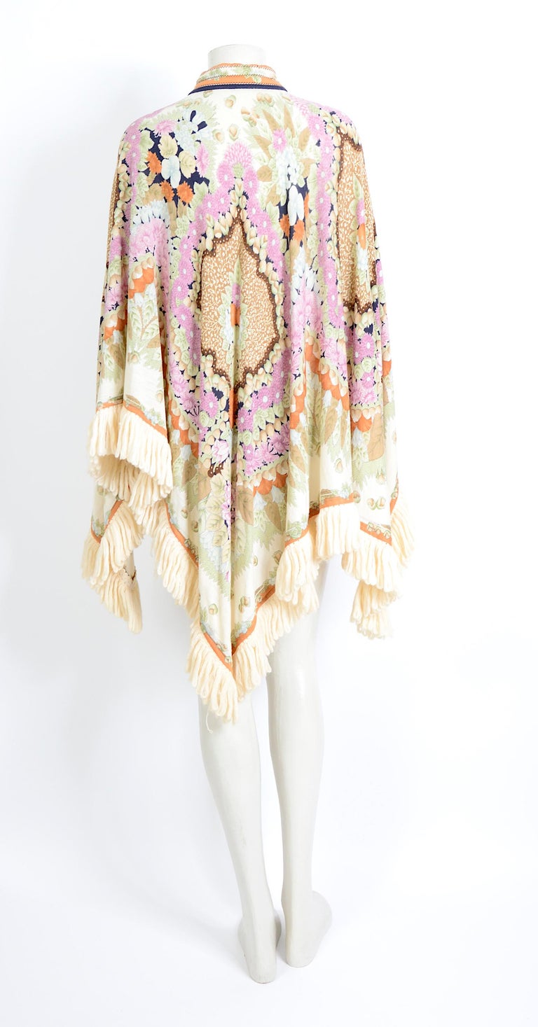 Leonard Paris vintage 1970s signed floral print silk and wool mix fringed  poncho at 1stDibs