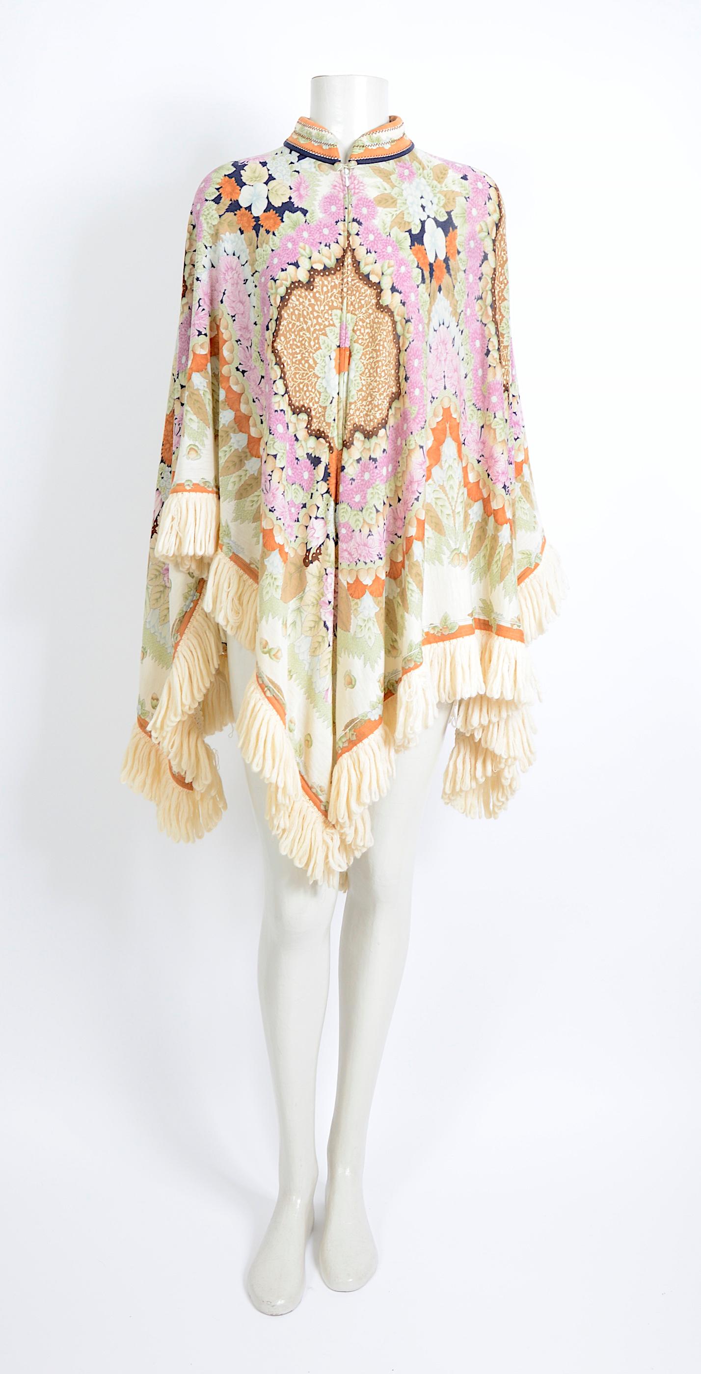 Leonard Paris vintage 1970s signed floral print silk & wool mix fringed poncho 2
