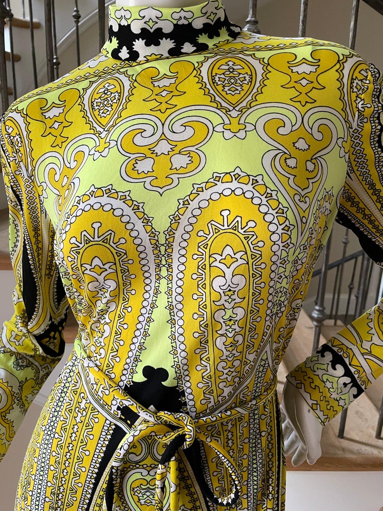 Beige Leonard Paris Vintage 1970's Yellow Paisley Pattern Dress with Belt