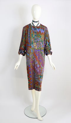 Leonard Paris Vintage 1980s Seidenjersey signiert Druck und Gürtel Kleid