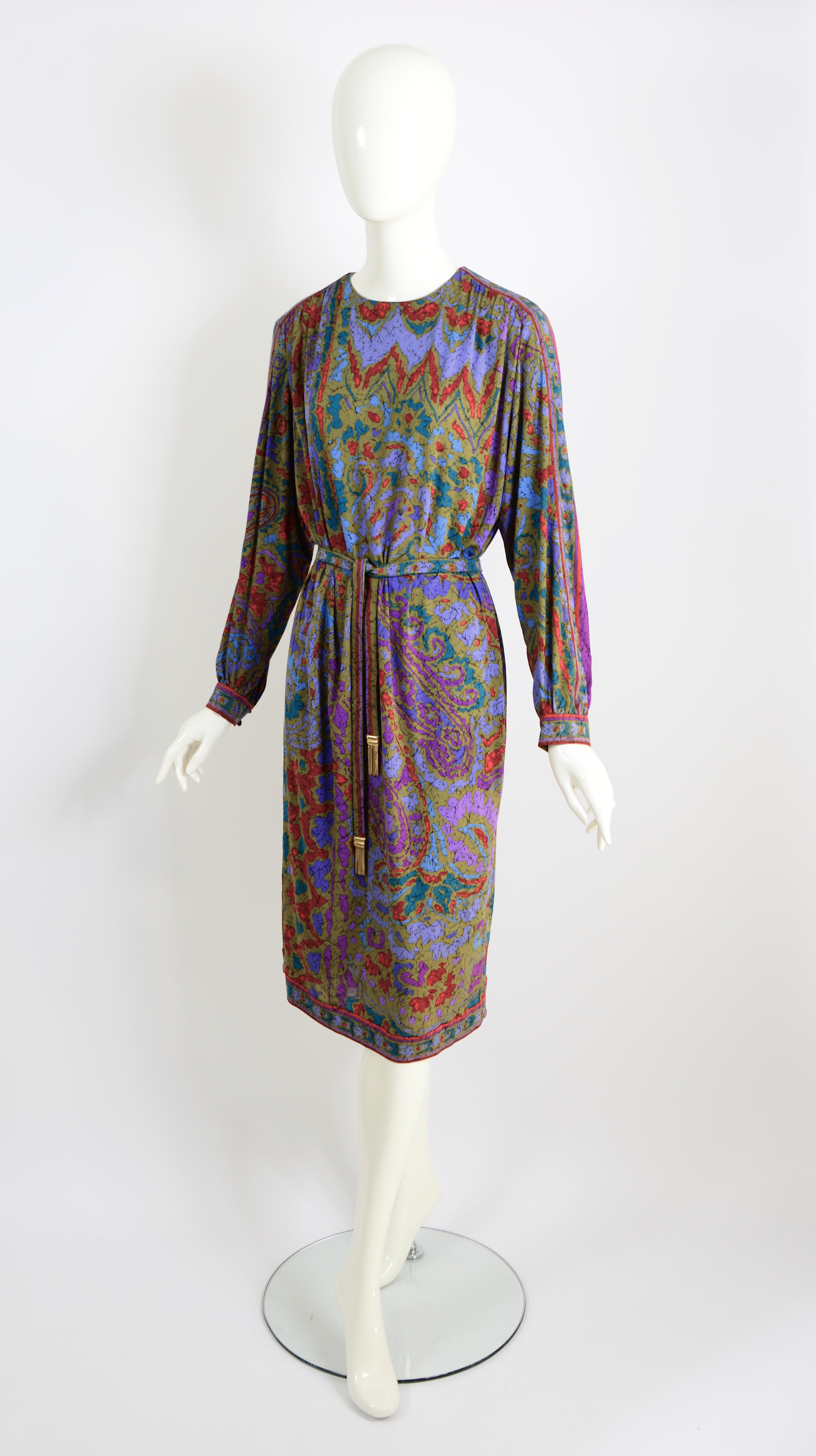 Leonard Paris Vintage 1980s Seidenjersey signiert Druck und Gürtel Kleid im Angebot 3