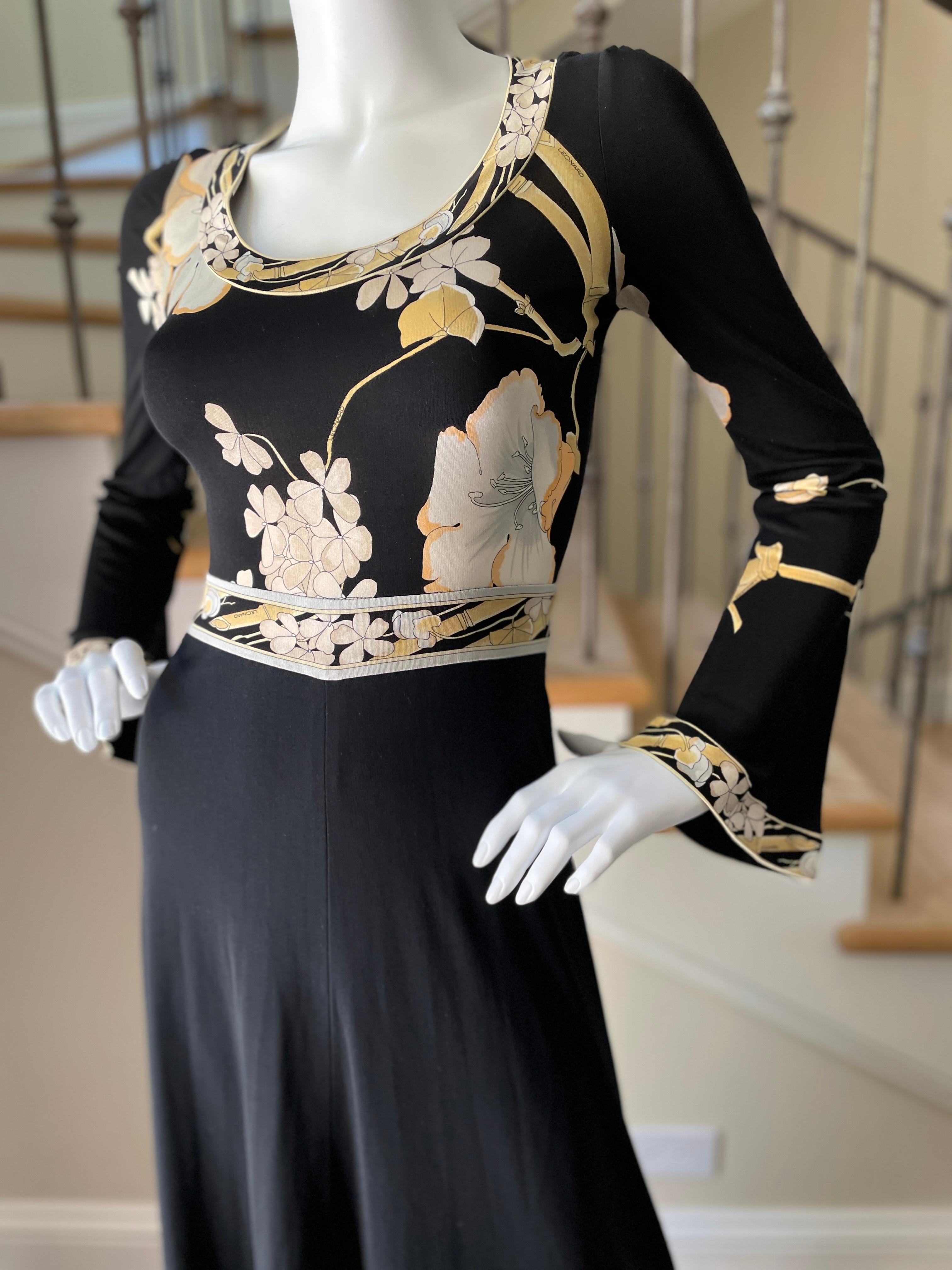 Black Leonard Paris Vintage 70's Long Silk Jersey Floral Dress 