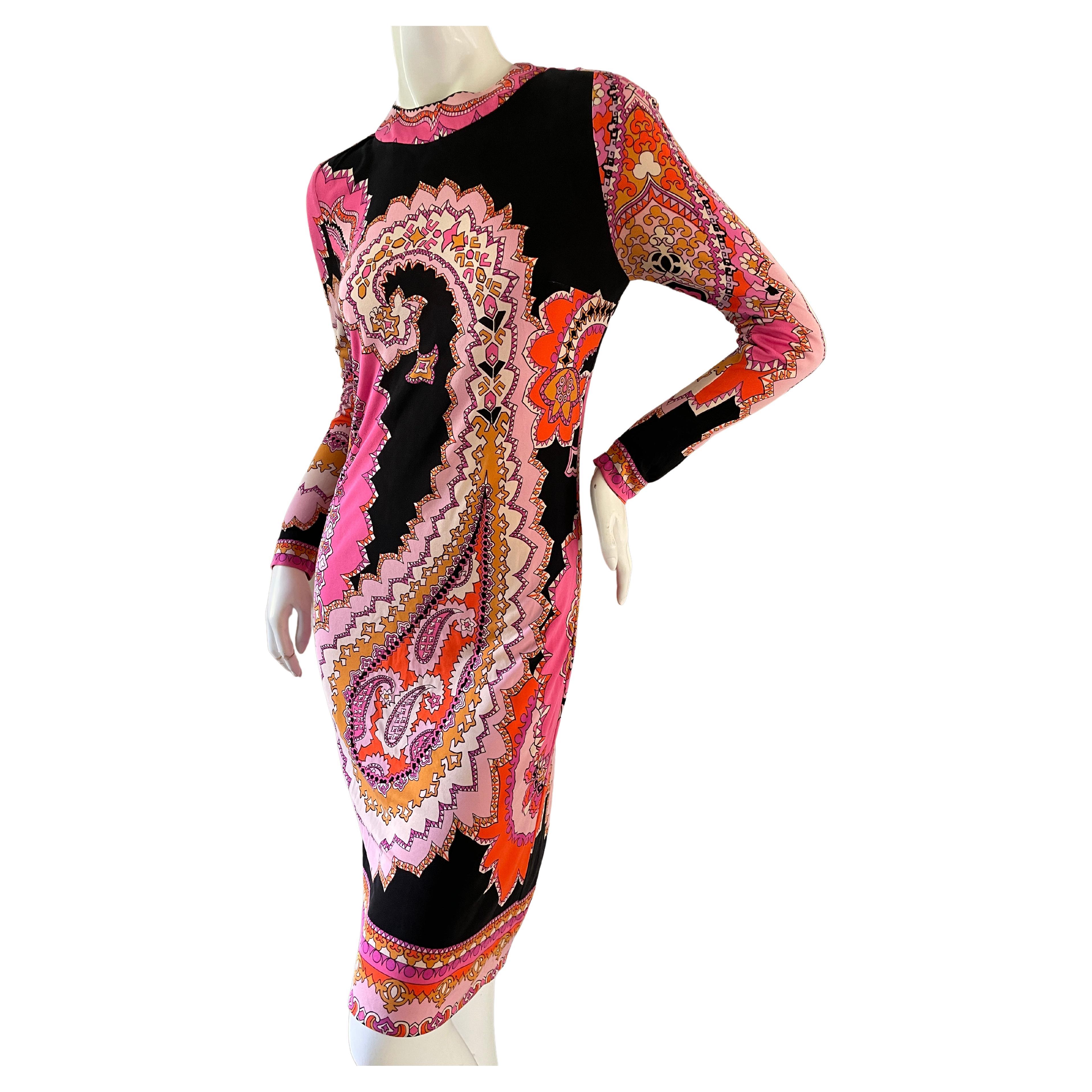  Leonard Paris Vintage 70's Pink Paisley Print Silk Jersey Dress For Sale