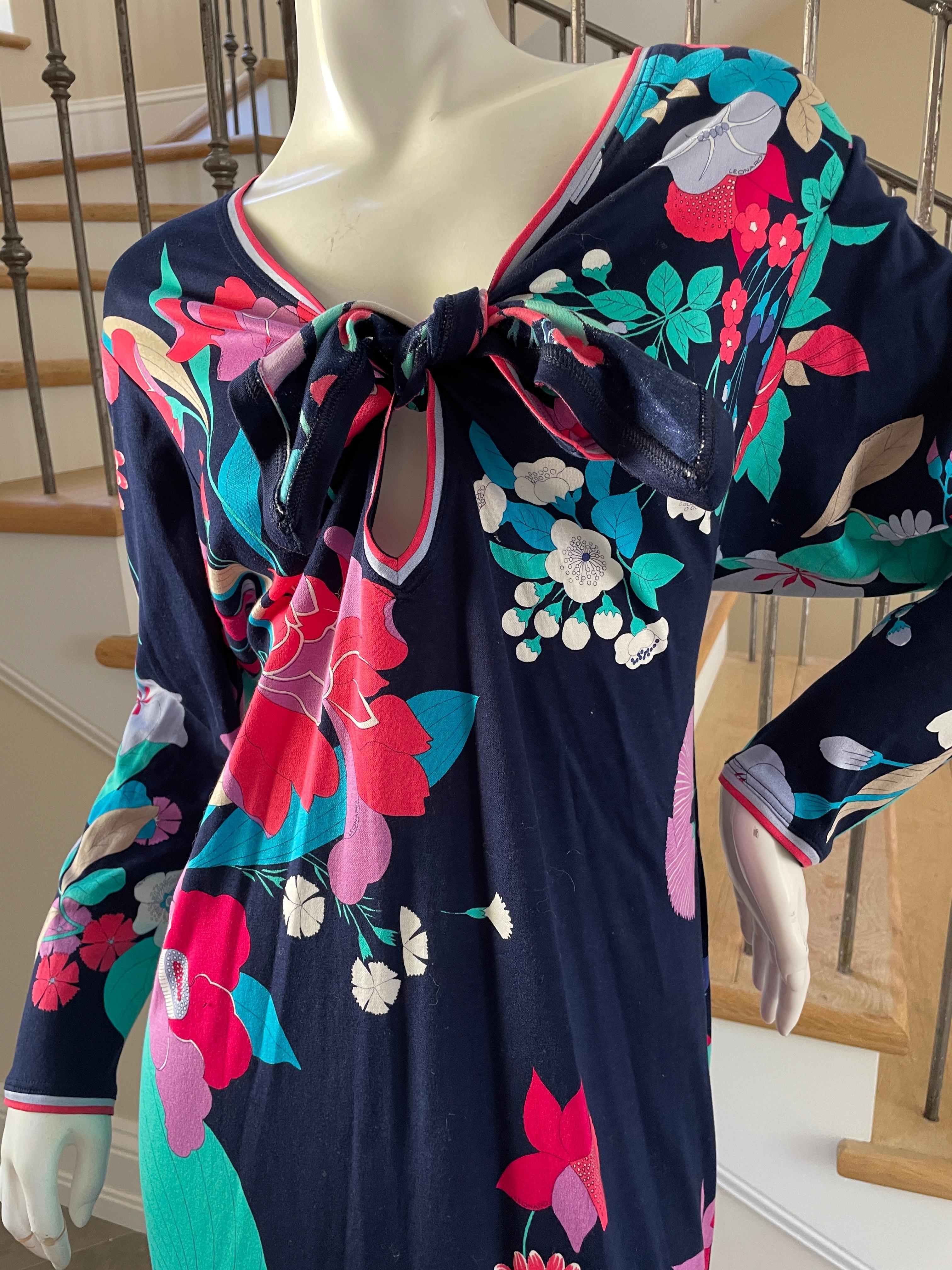 Women's Leonard Paris Vintage 80's Cotton Jersey Floral Tie Front Keyhole Dress For Sale