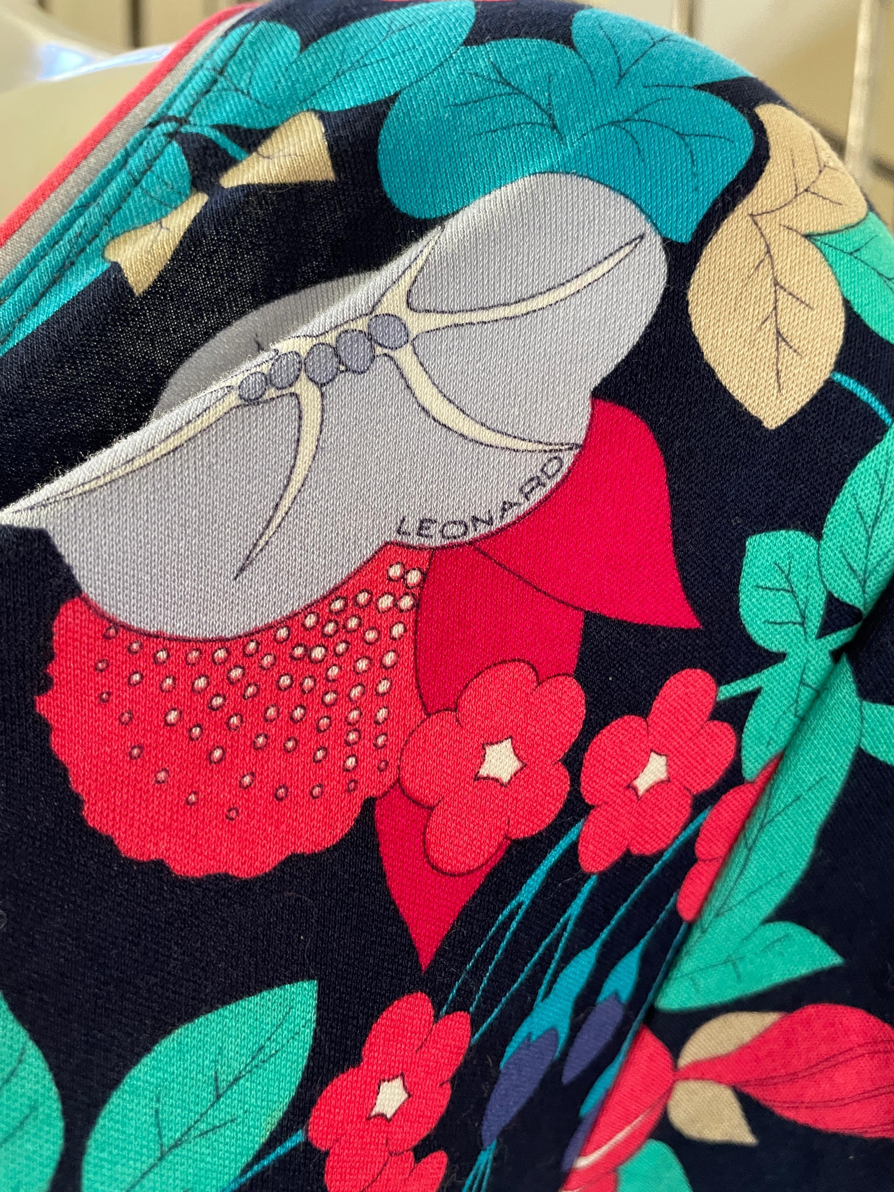 Leonard Paris Vintage 80's Cotton Jersey Floral Tie Front Keyhole Dress For Sale 1