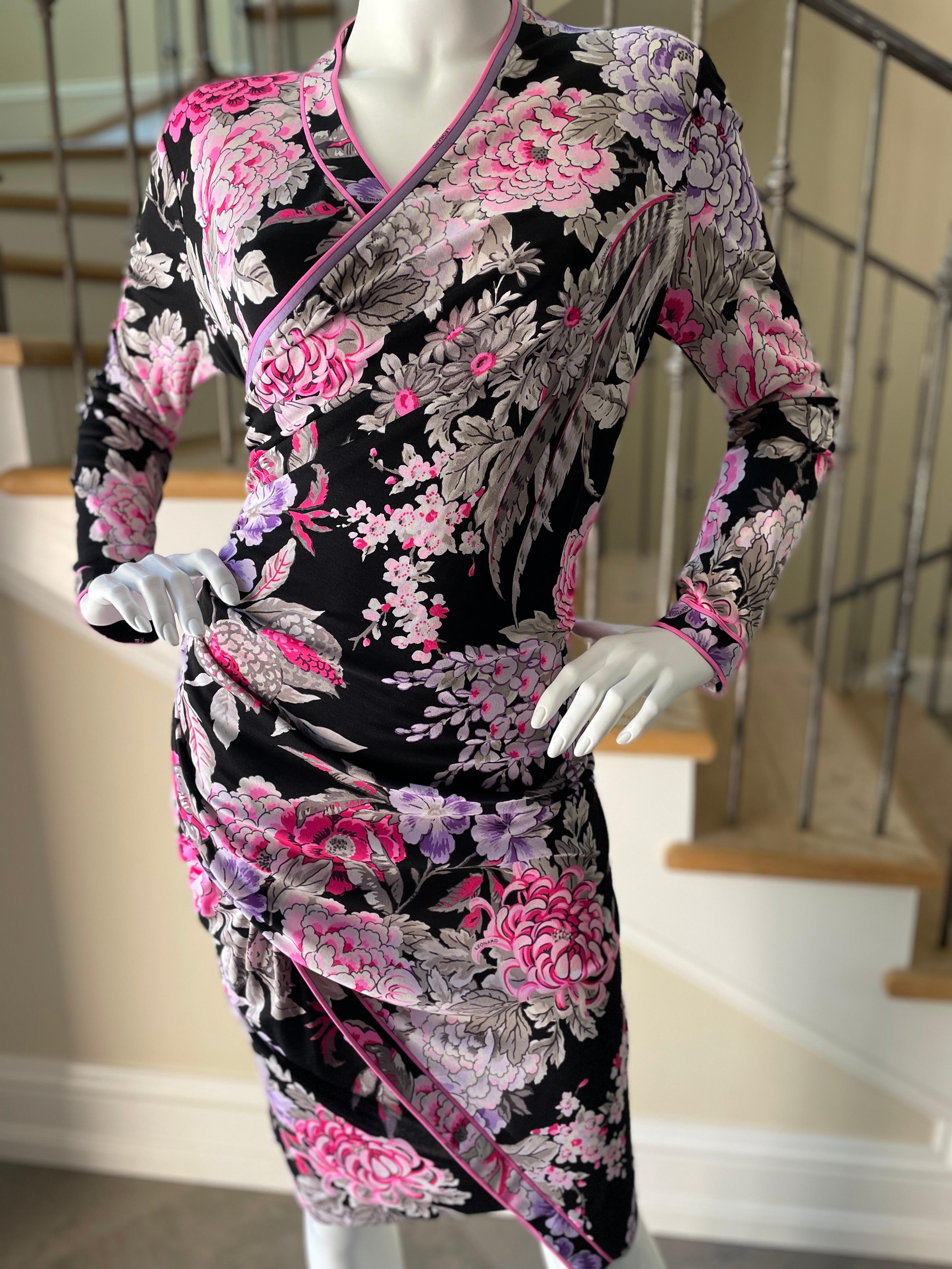 Gray  Leonard Paris Vintage 80s Long Sleeve Floral Print Silk Jersey Dress  For Sale
