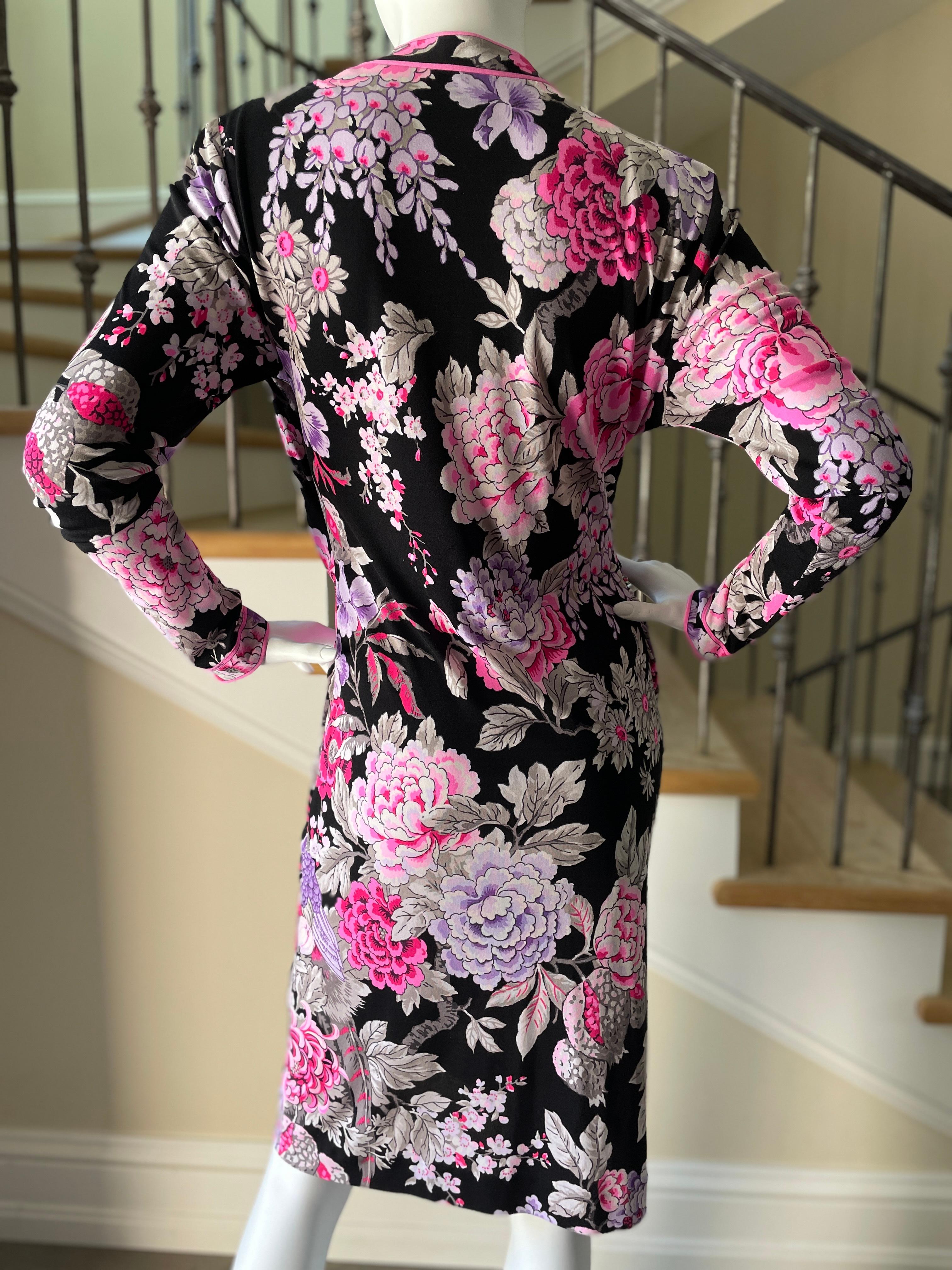  Leonard Paris Vintage 80s Long Sleeve Floral Print Silk Jersey Dress  In Excellent Condition For Sale In Cloverdale, CA